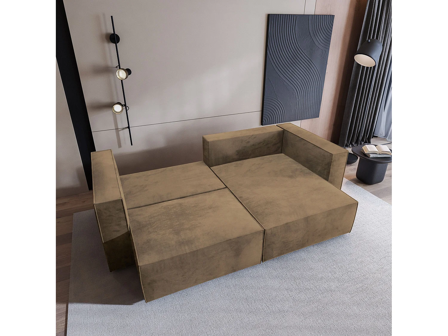 Canapé d'angle NERIO Beige en velours avec fonction de couchage