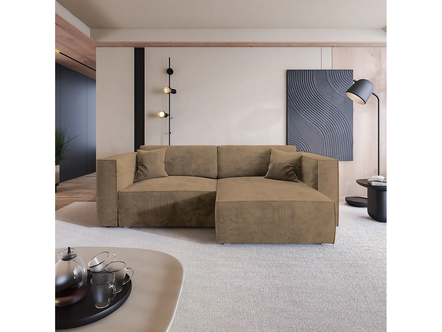 Canapé d'angle NERIO Beige en velours avec fonction de couchage