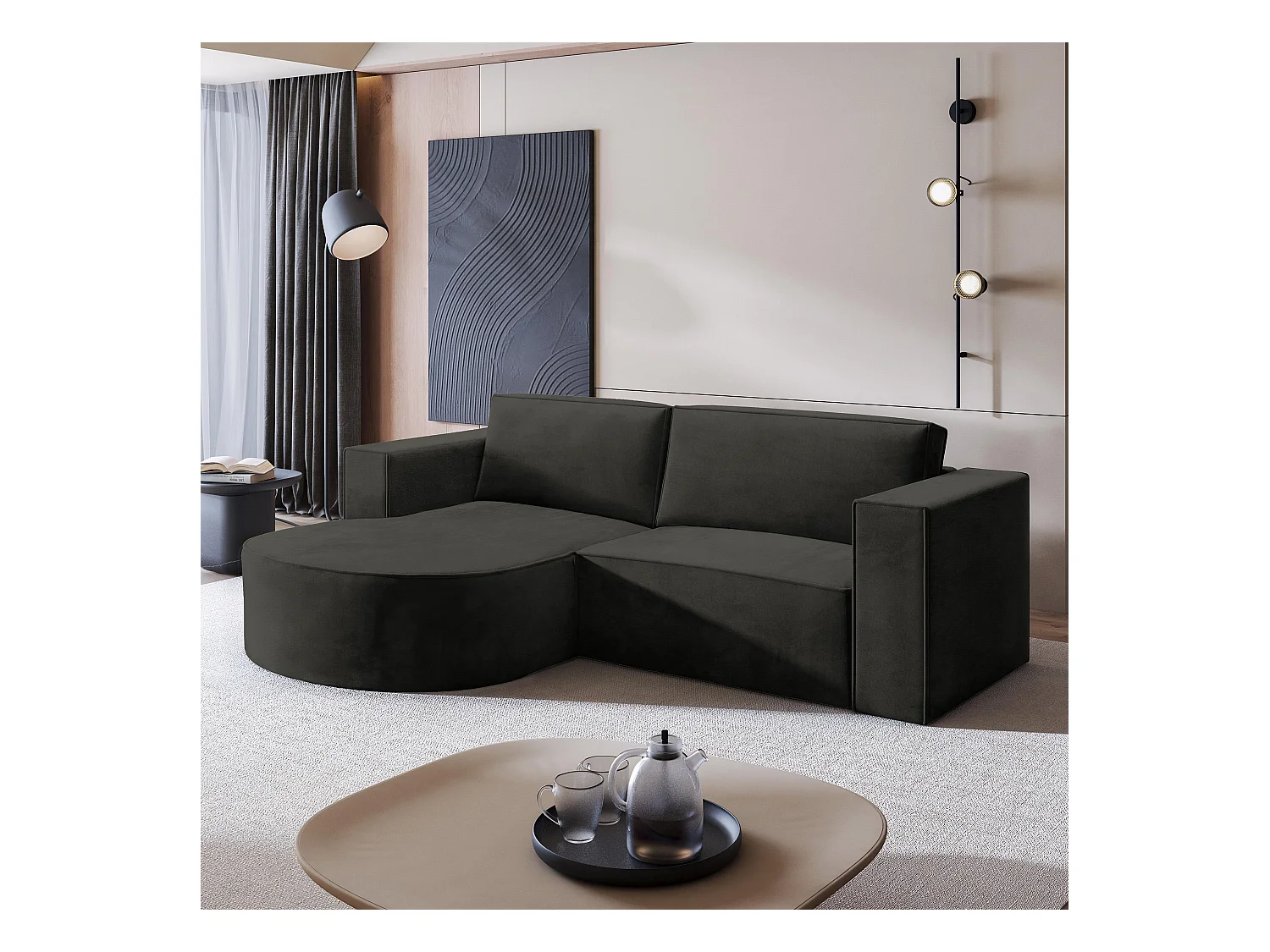 Canapé d'angle SORELA Noir en velours avec fonction de couchage