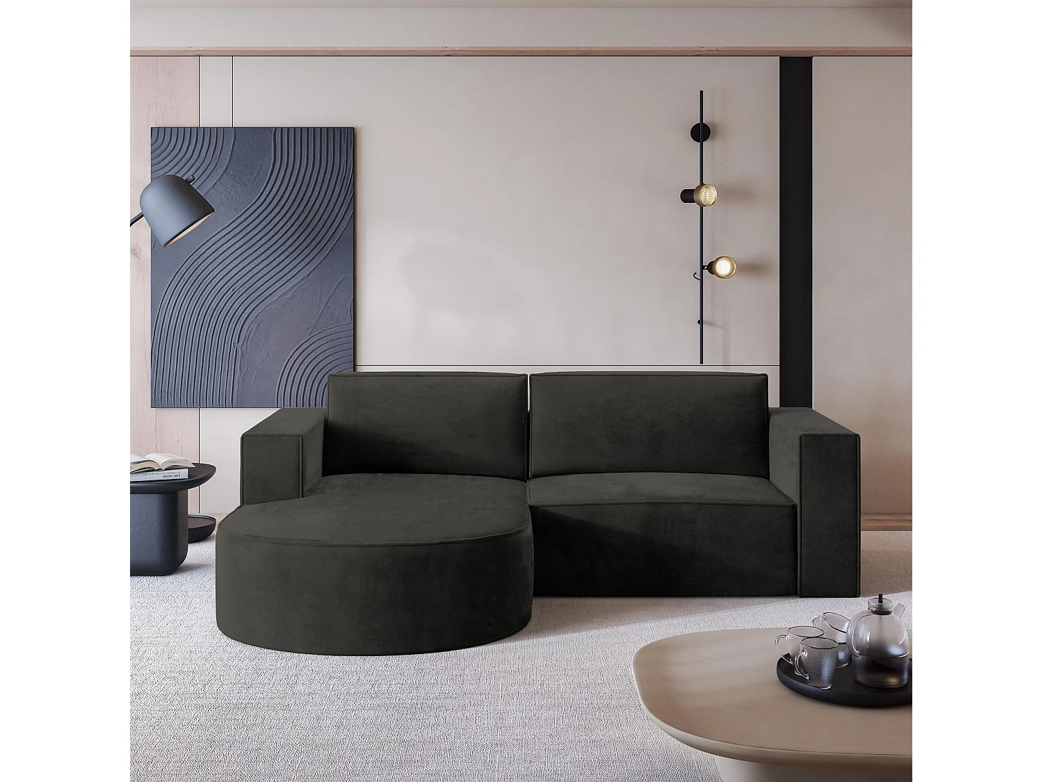 Canapé d'angle SORELA Noir en velours avec fonction de couchage