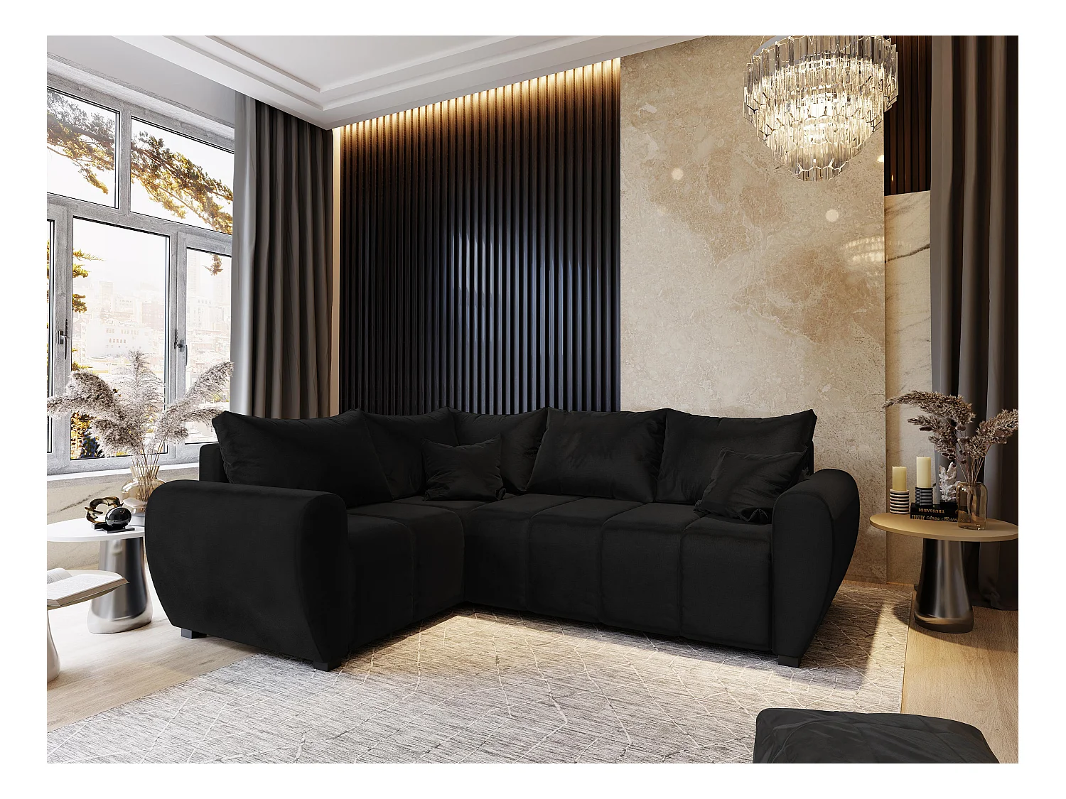 Canapé d'angle MADISON Noir en peluche avec fonction de couchage