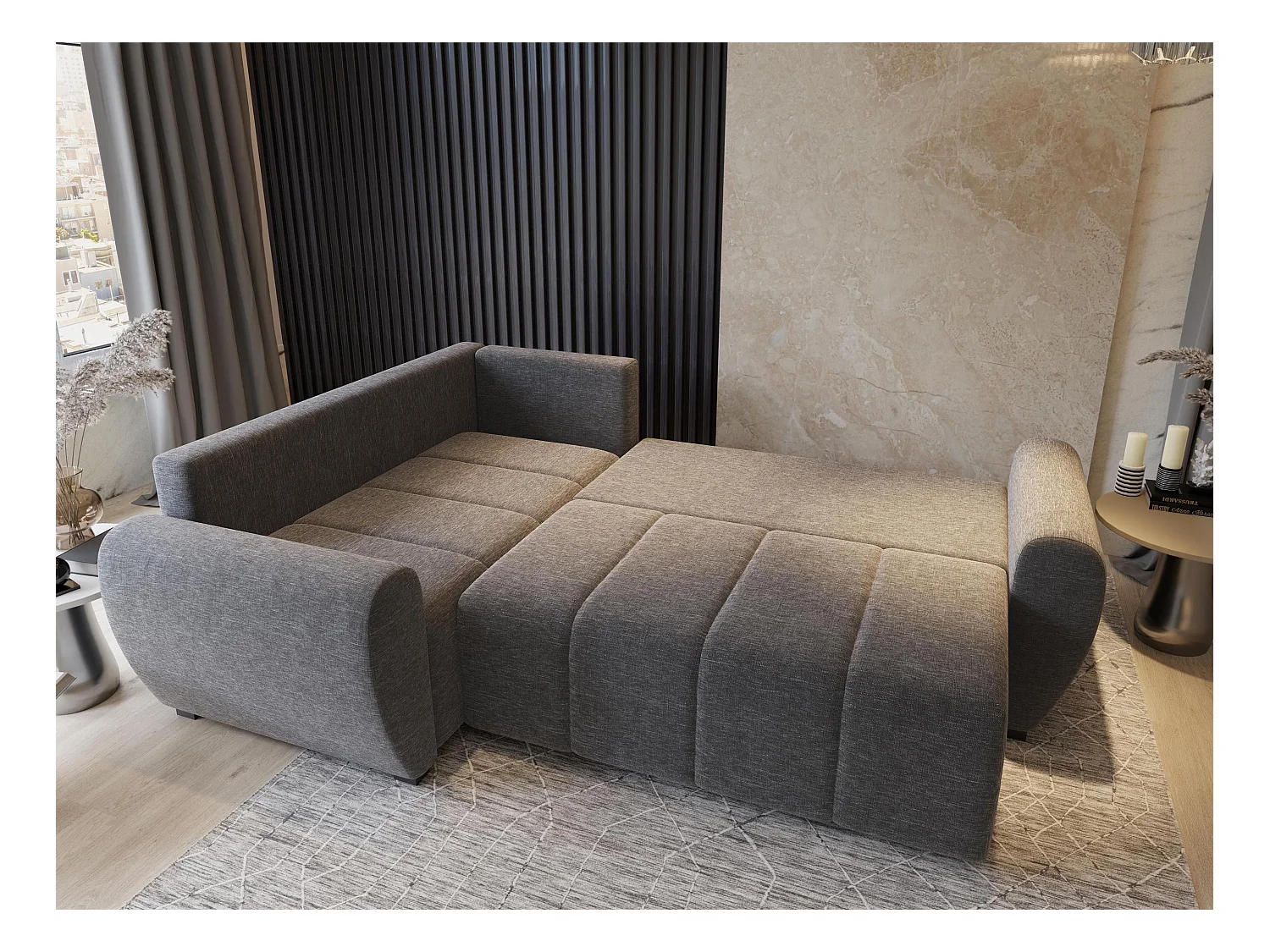 Canapé d'angle MADISON Noir en peluche avec fonction de couchage