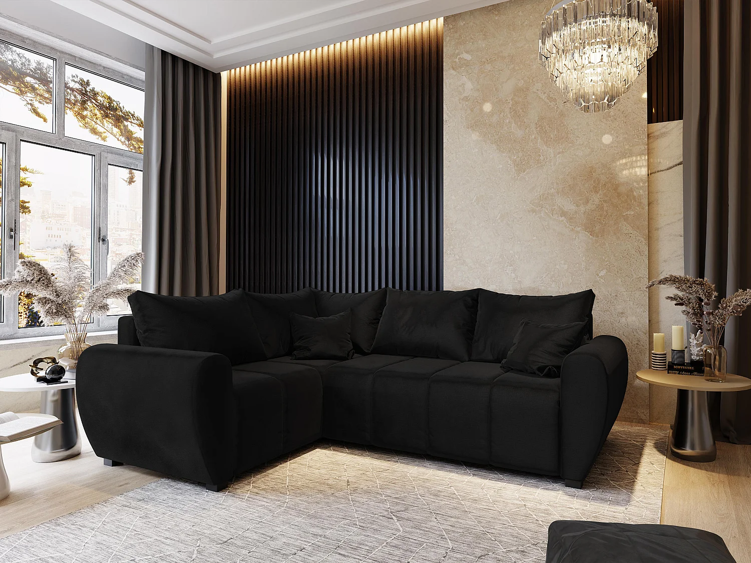 Canapé d'angle MADISON Noir en peluche avec fonction de couchage