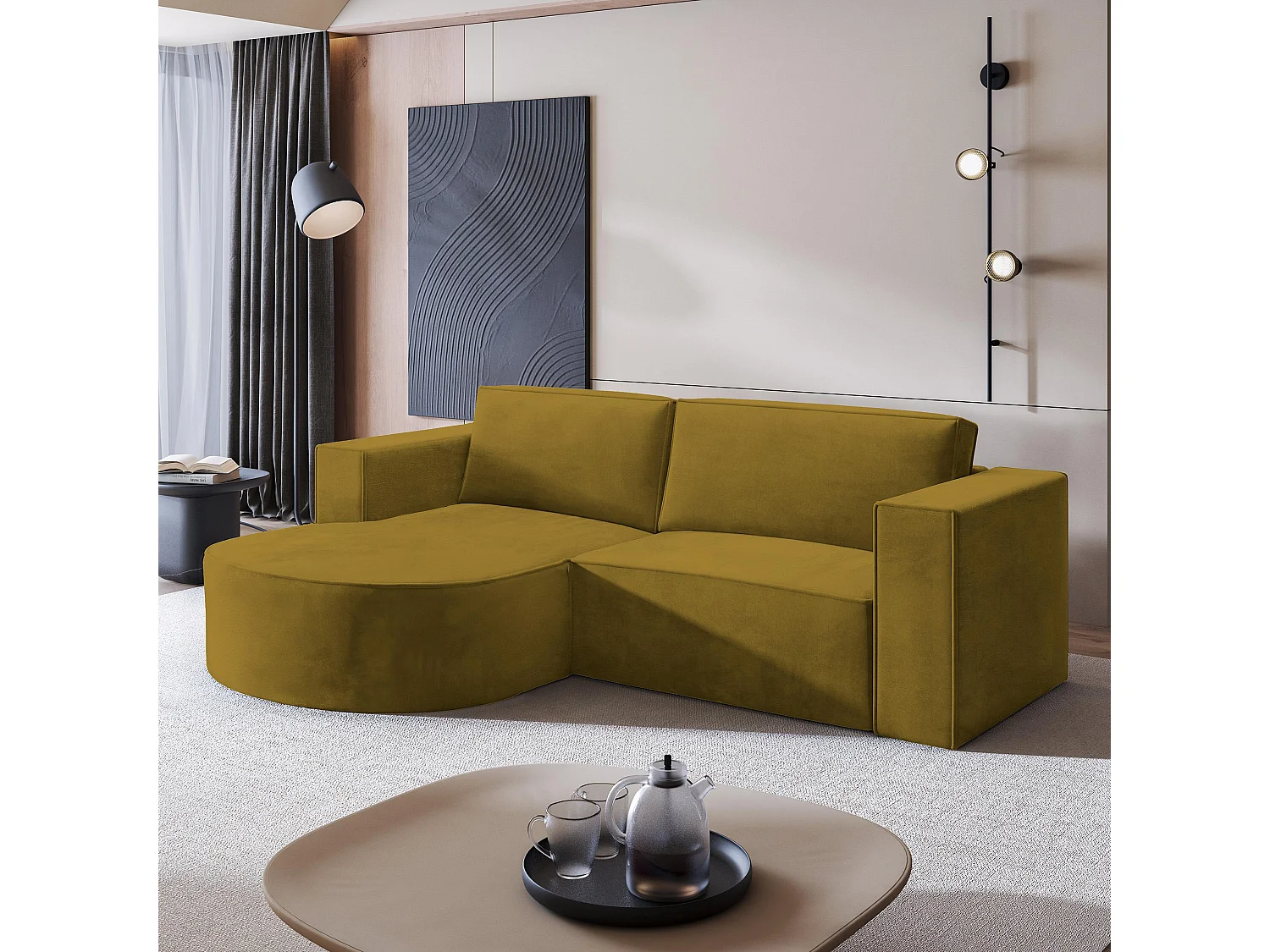 Canapé d'angle SORELA Jaune en velours avec fonction de couchage