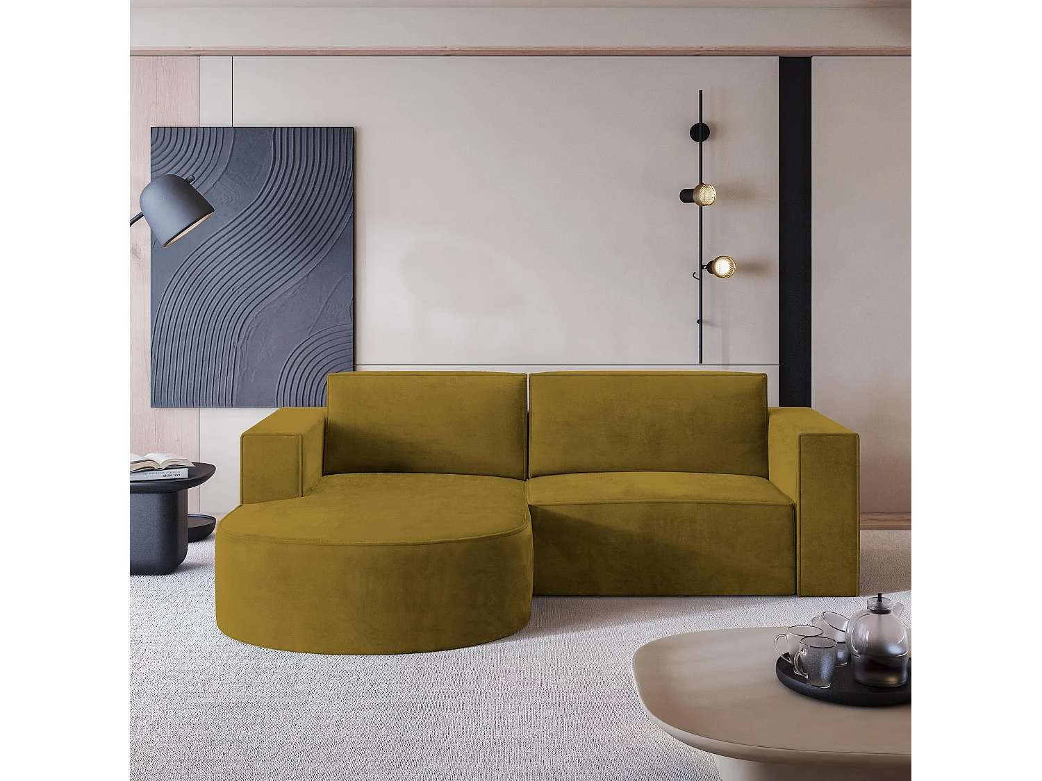 Canapé d'angle SORELA Jaune en velours avec fonction de couchage