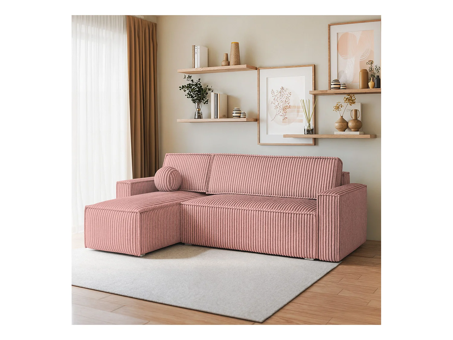 Canapé d'angle RAVELO Rose poudré en velours côtelé avec fonction de couchage