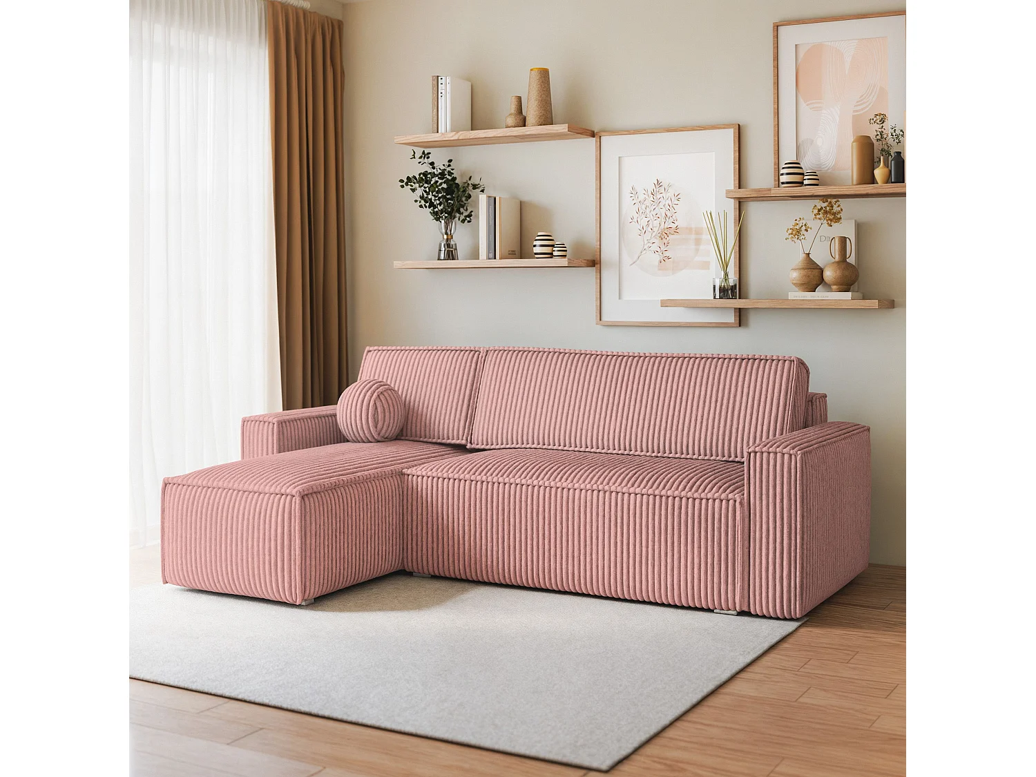 Canapé d'angle RAVELO Rose poudré en velours côtelé avec fonction de couchage