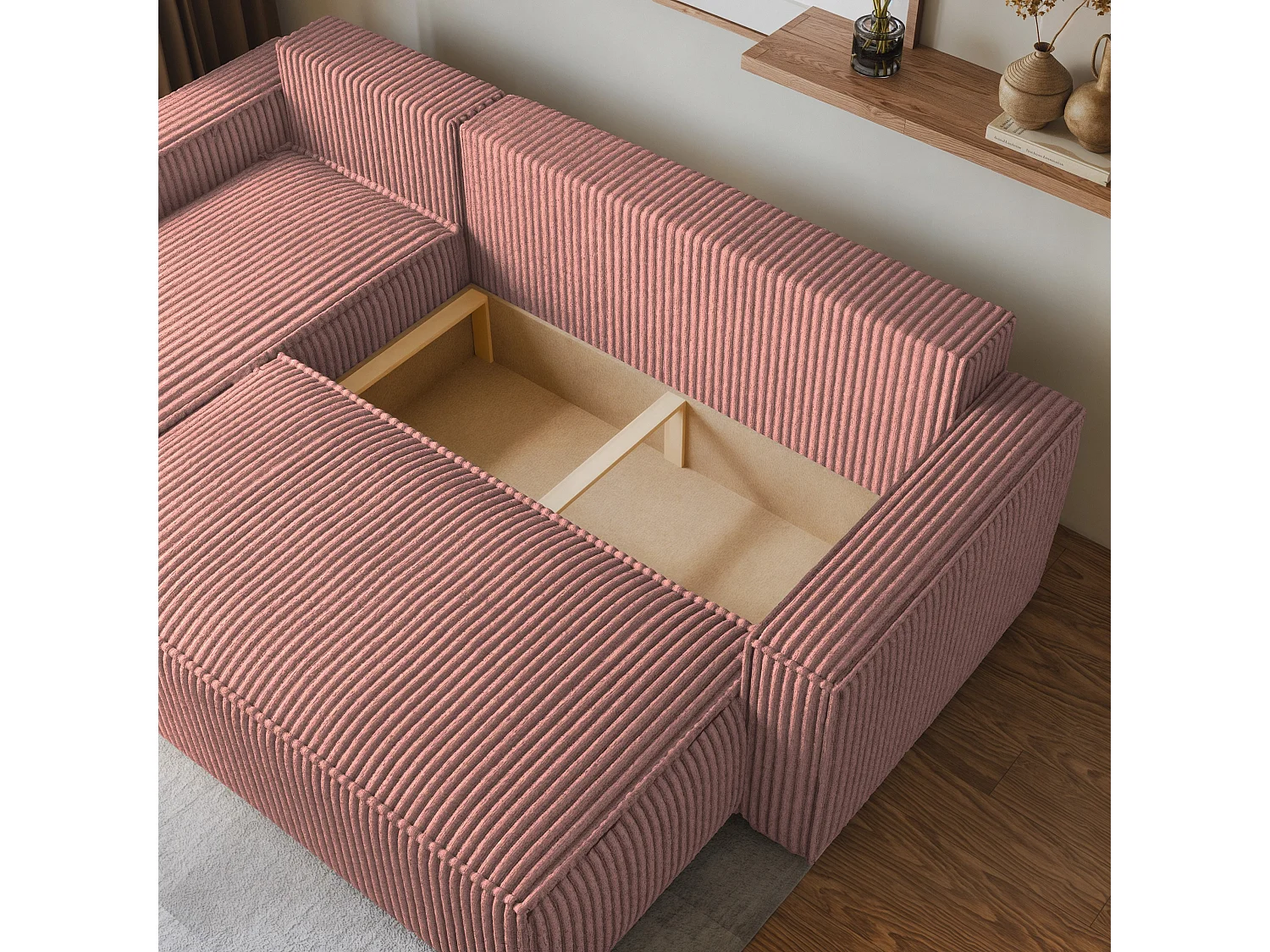 Canapé d'angle RAVELO Rose poudré en velours côtelé avec fonction de couchage