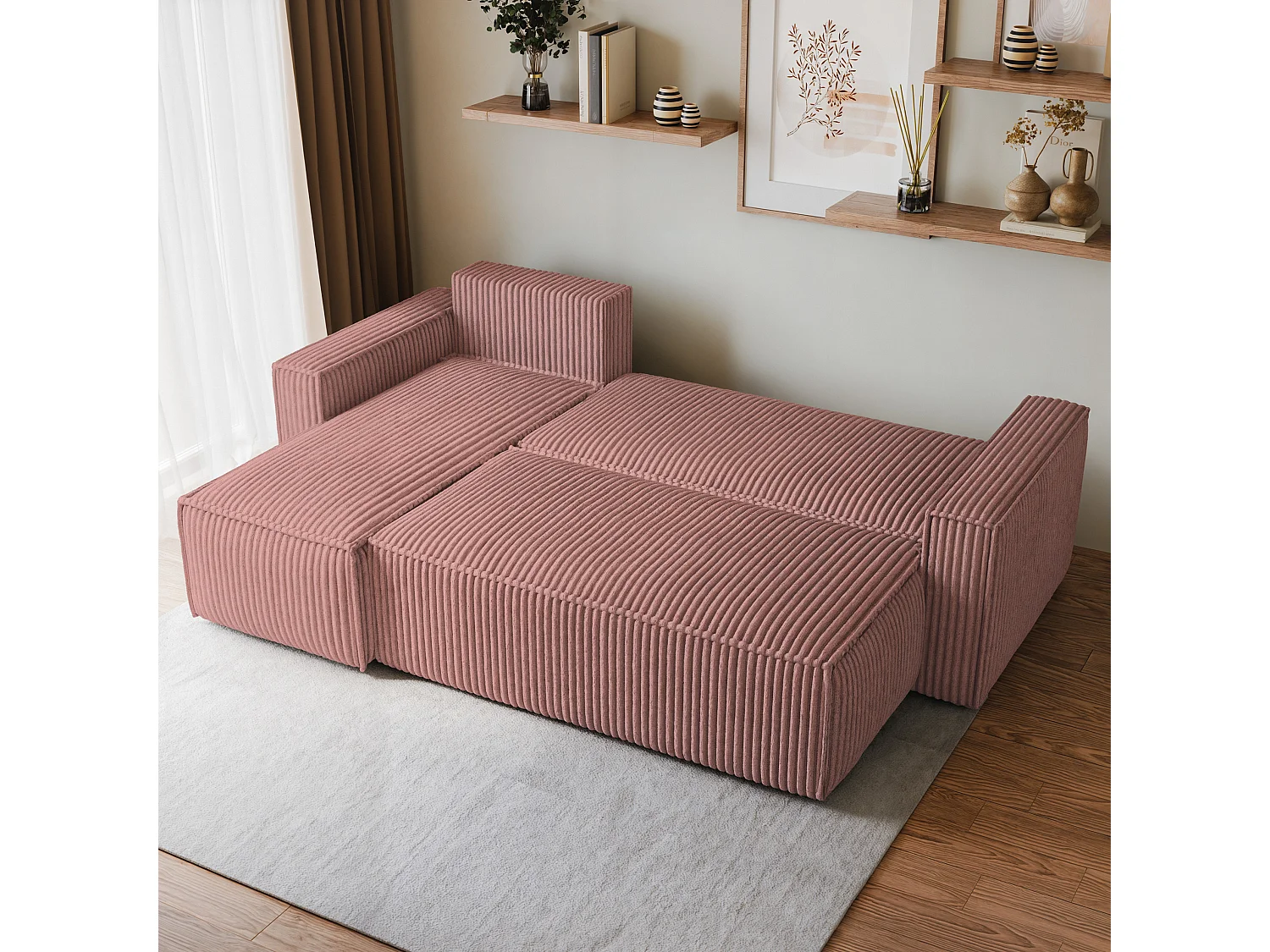 Canapé d'angle RAVELO Rose poudré en velours côtelé avec fonction de couchage