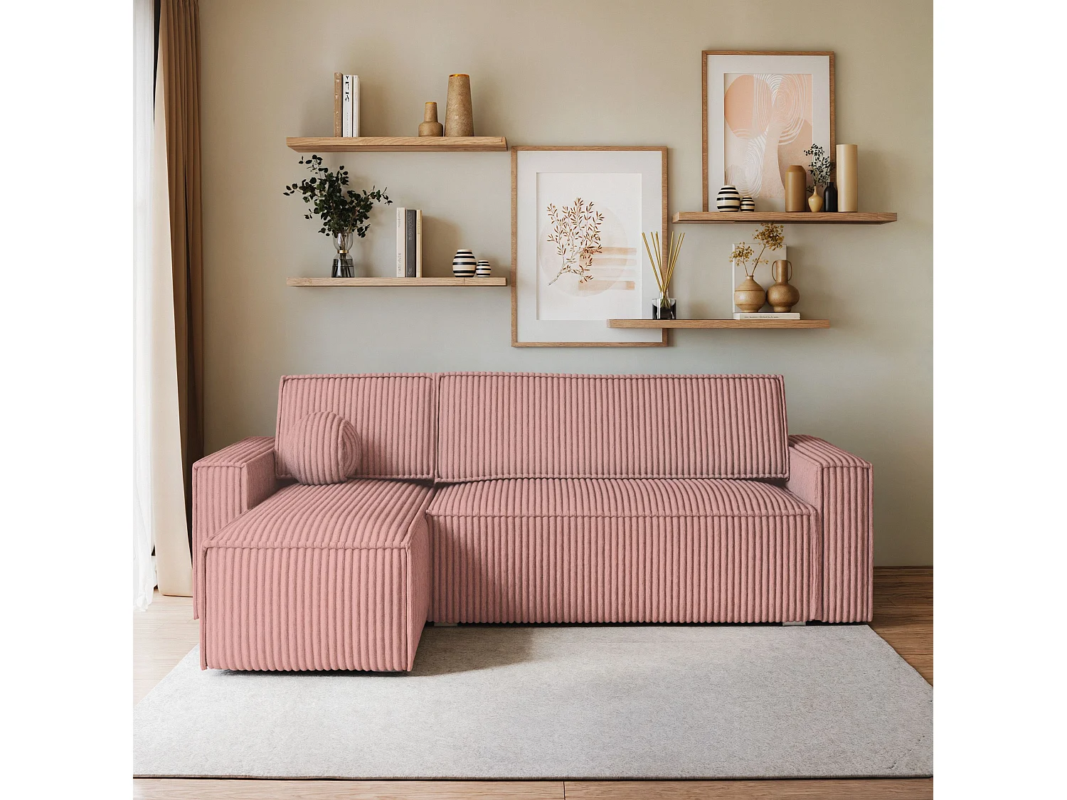 Canapé d'angle RAVELO Rose poudré en velours côtelé avec fonction de couchage