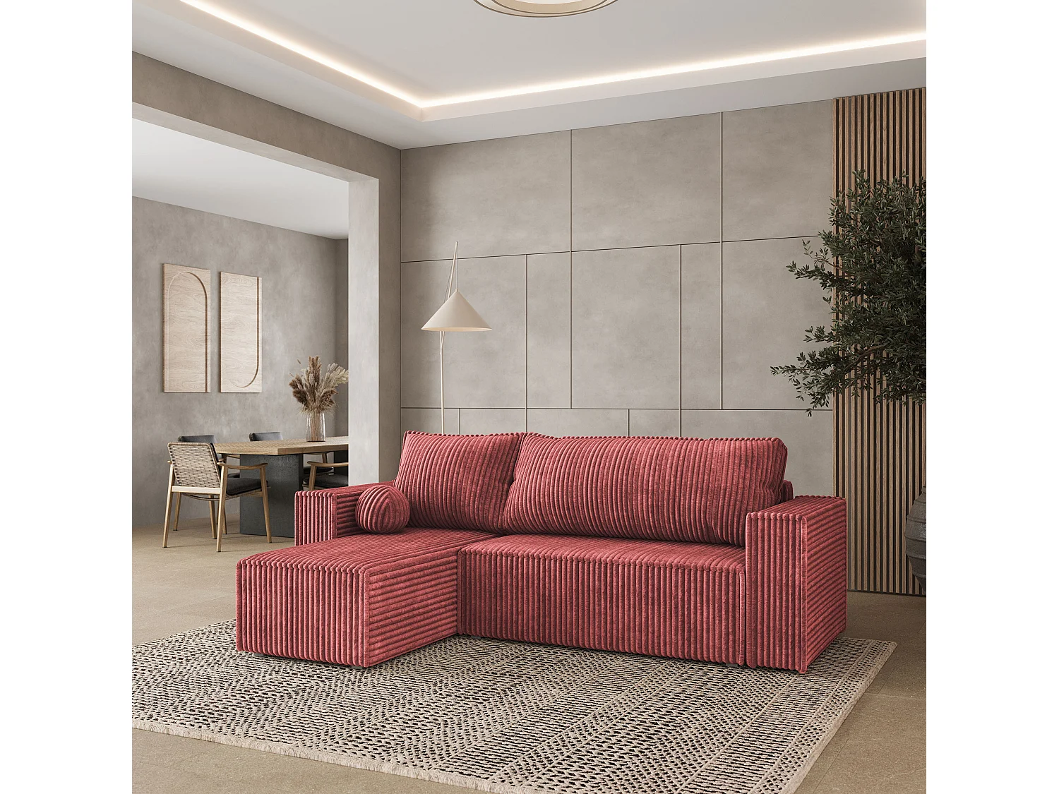 Canapé d'angle RAVELO Rose poudré en velours côtelé avec fonction de couchage