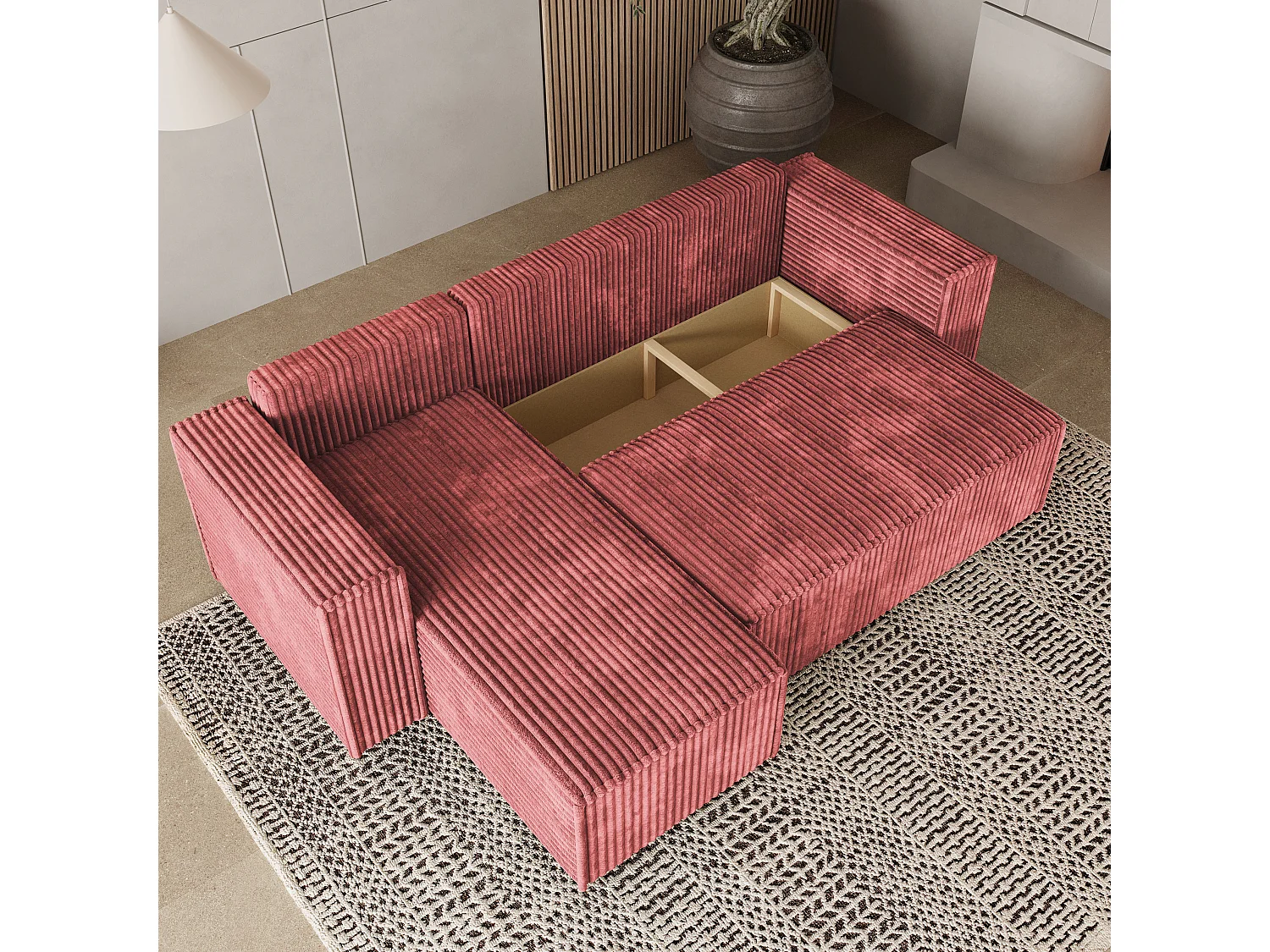 Canapé d'angle RAVELO Rose poudré en velours côtelé avec fonction de couchage