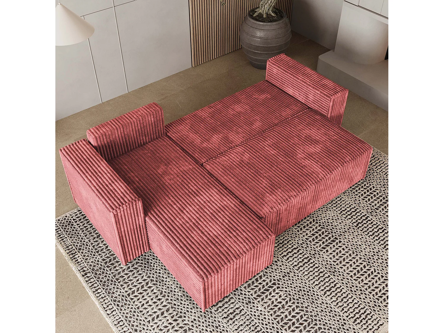 Canapé d'angle RAVELO Rose poudré en velours côtelé avec fonction de couchage