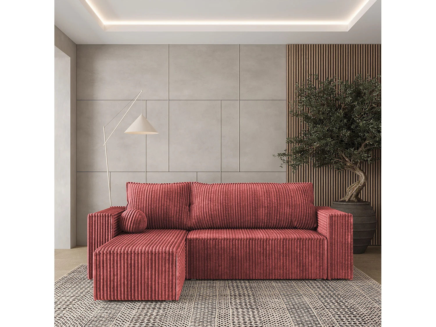 Canapé d'angle RAVELO Rose poudré en velours côtelé avec fonction de couchage