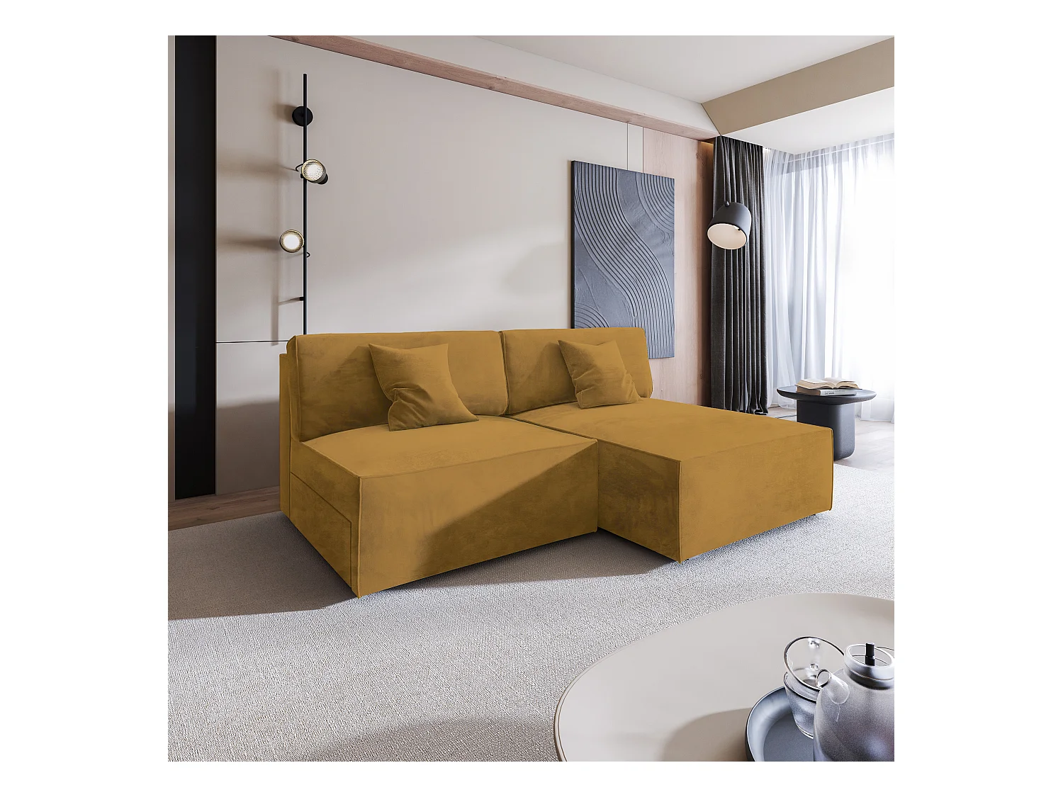 Canapé d'angle FIORO Jaune en velours avec fonction de couchage