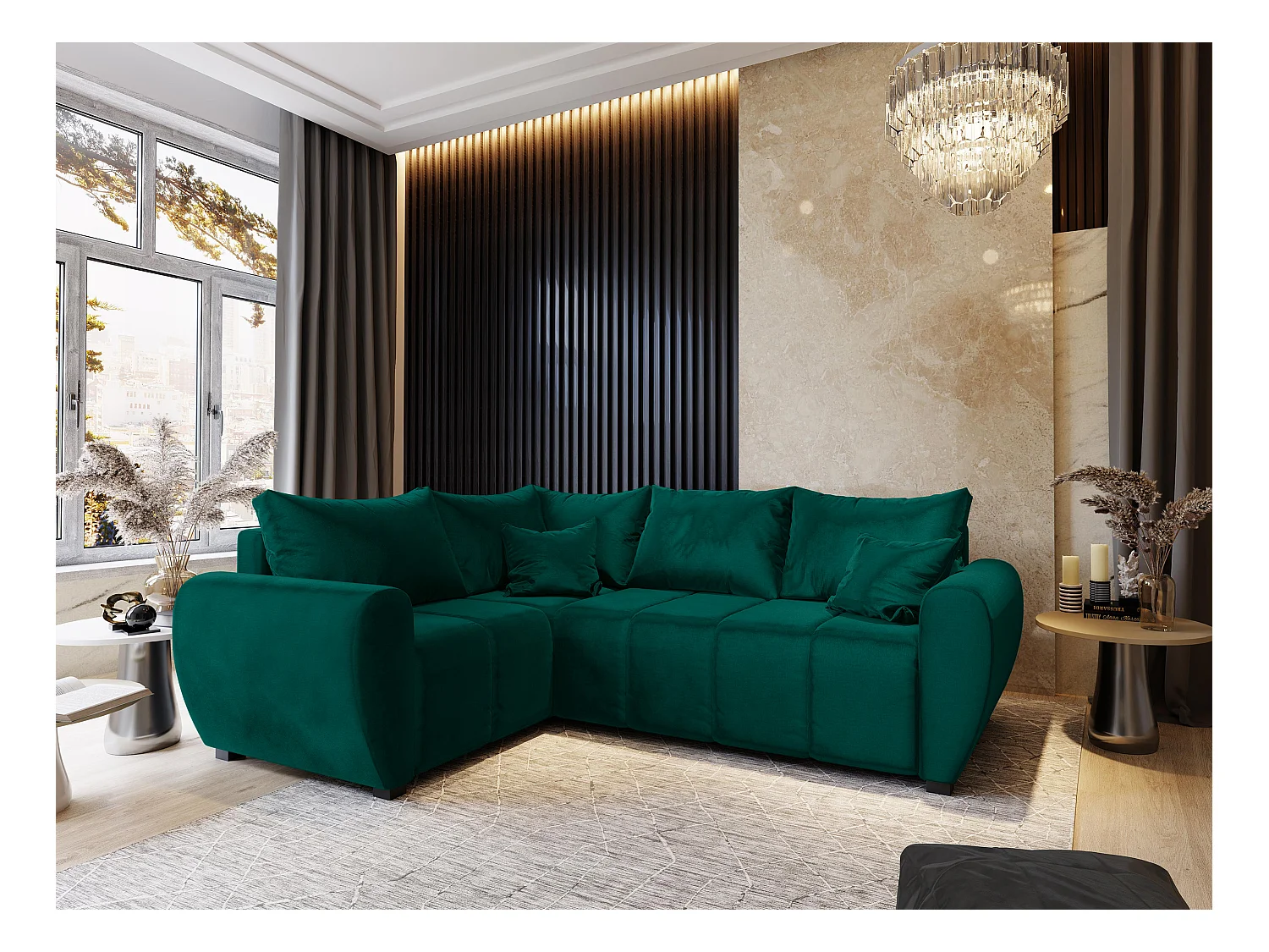 Canapé d'angle MADISON Vert Sapin en peluche avec fonction de couchage