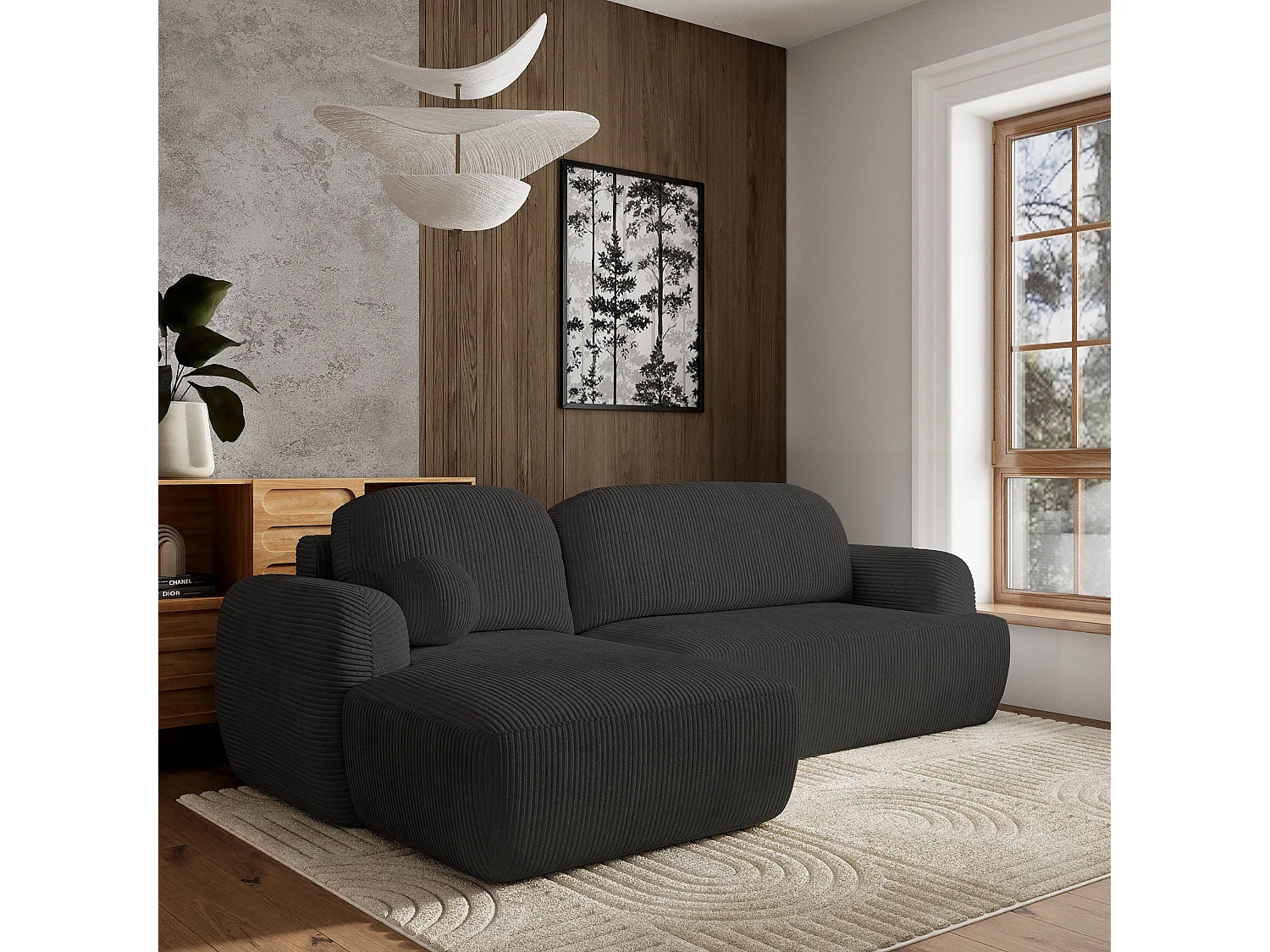 Canapé d'angle MODENZA Noir en velours côtelé avec fonction de couchage