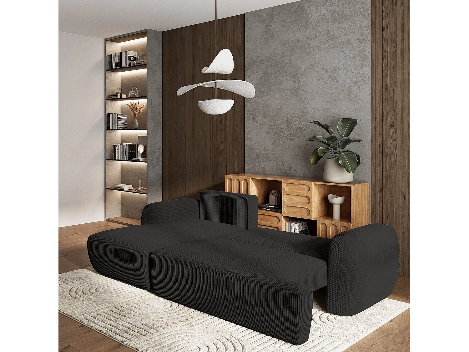 Canapé d'angle MODENZA Noir en velours côtelé avec fonction de couchage