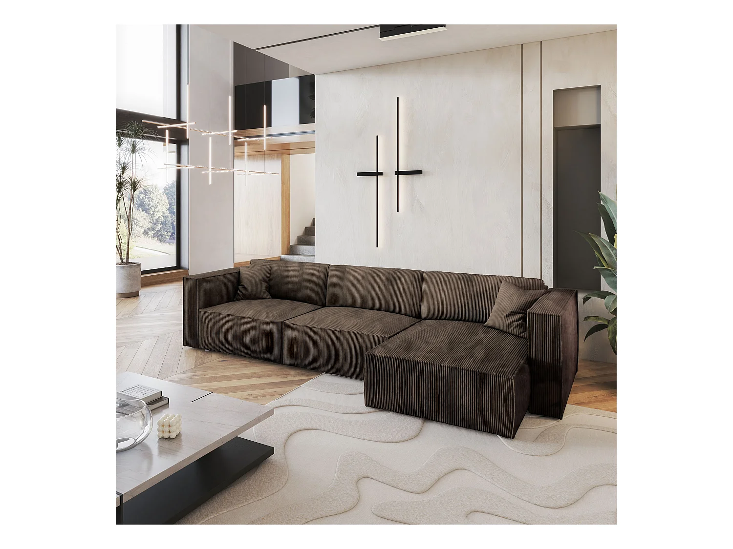 Canapé d'angle TOLMO Marron en velours côtelé avec fonction de couchage
