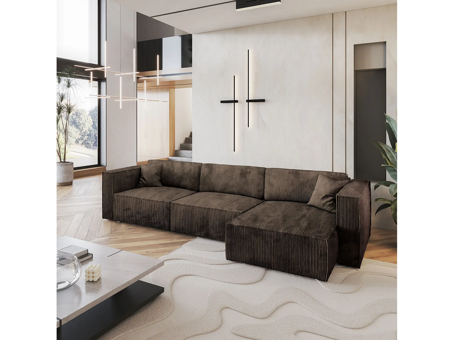 Canapé d'angle TOLMO Marron en velours côtelé avec fonction de couchage