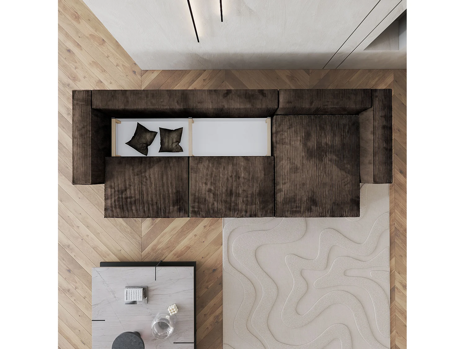 Canapé d'angle TOLMO Marron en velours côtelé avec fonction de couchage