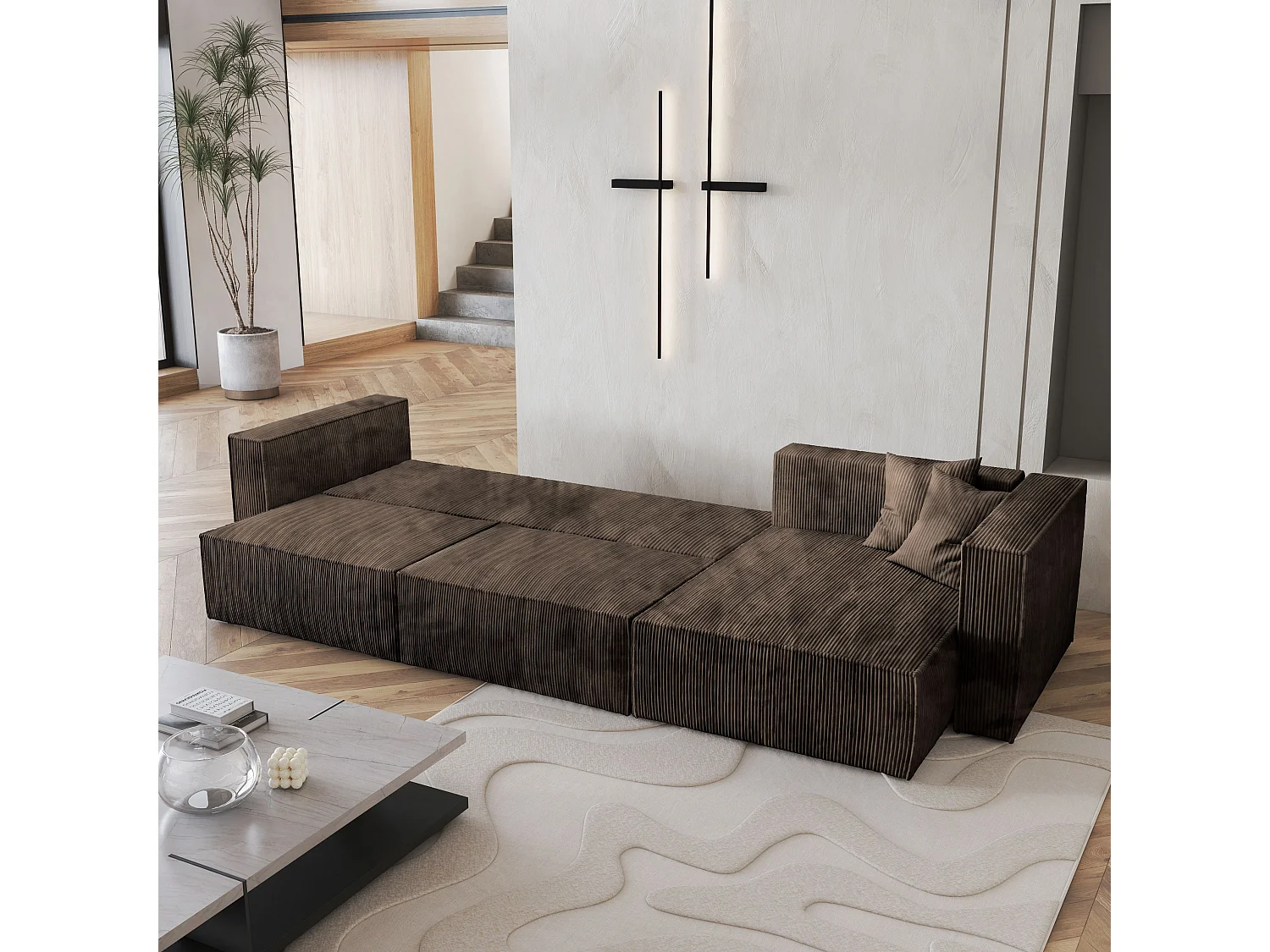 Canapé d'angle TOLMO Marron en velours côtelé avec fonction de couchage