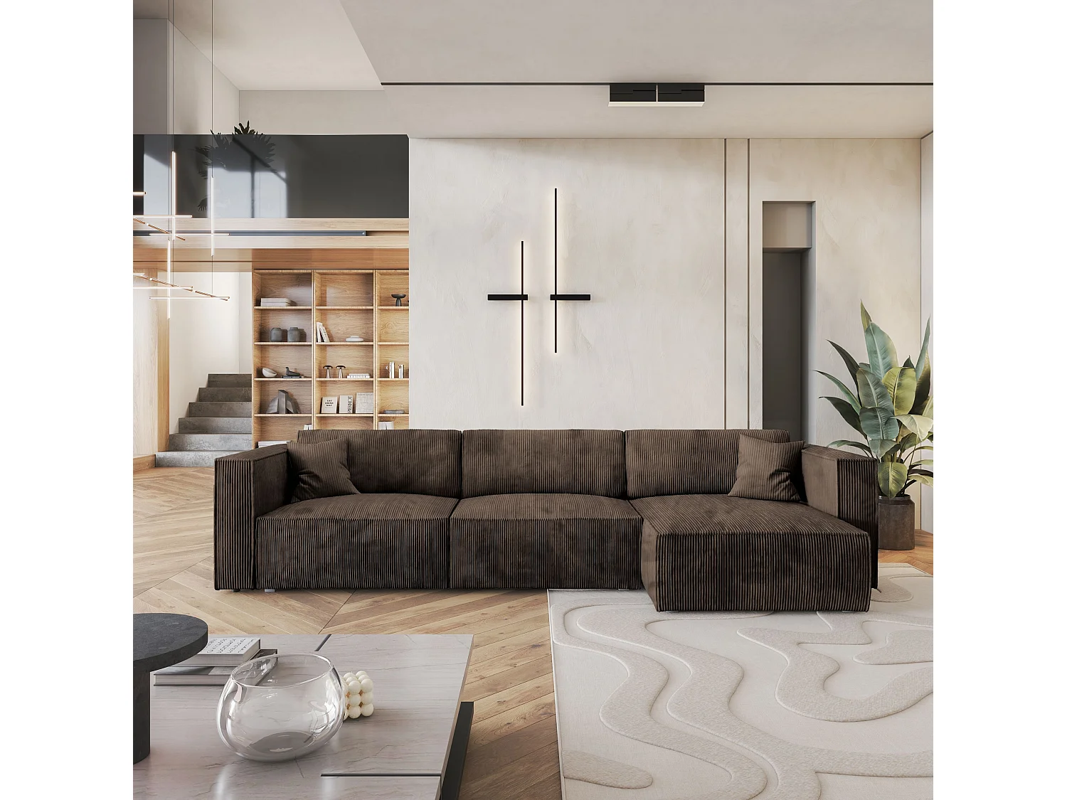 Canapé d'angle TOLMO Marron en velours côtelé avec fonction de couchage