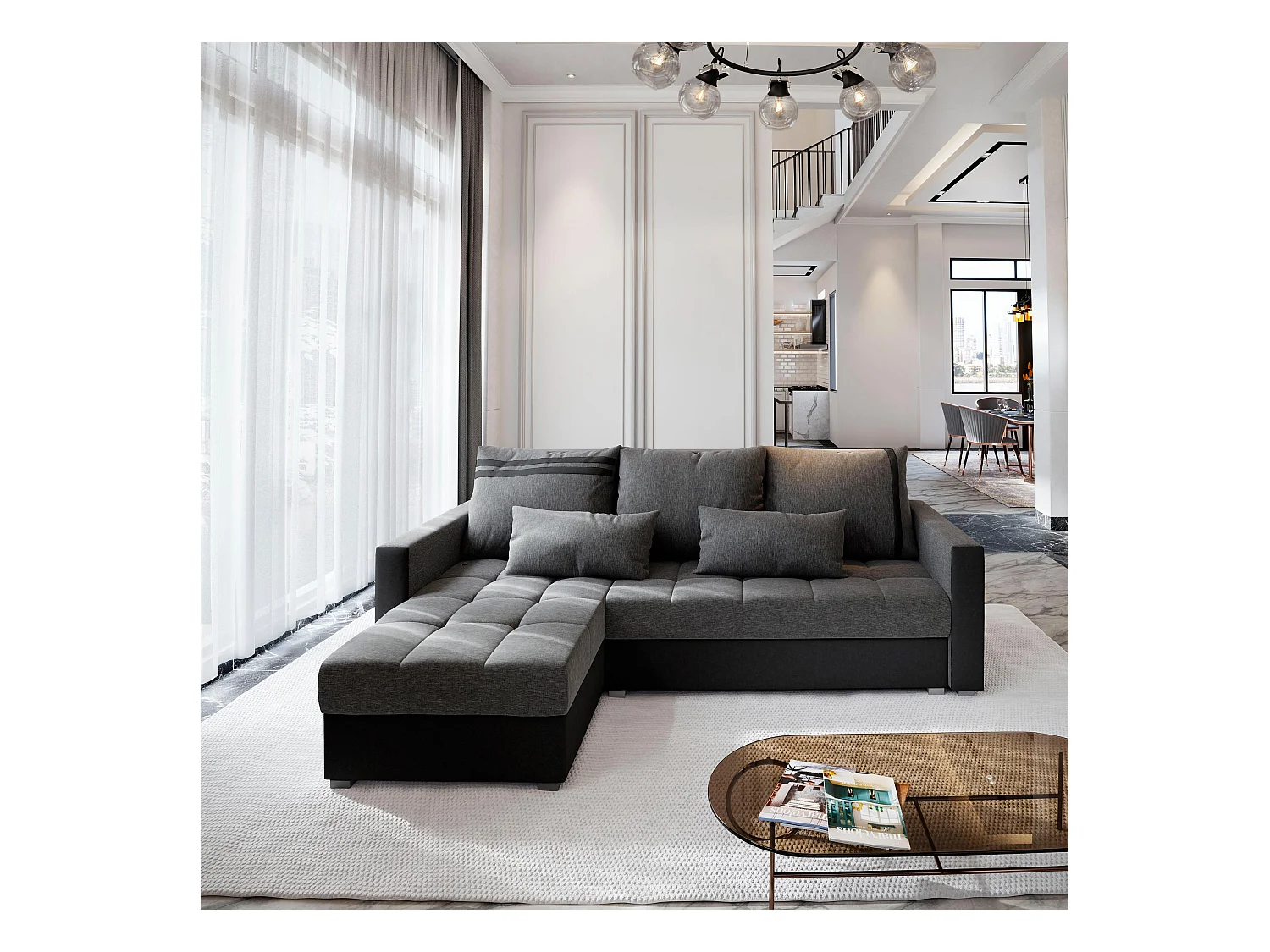 Canapé d'angle KOS PIK Gris clair en tissu texturé avec fonction de couchage