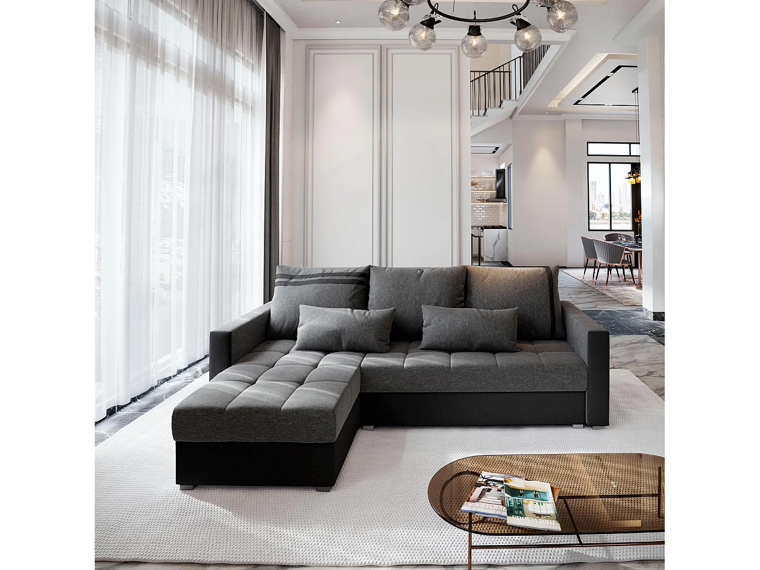 Canapé d'angle KOS PIK Gris clair en tissu texturé avec fonction de couchage