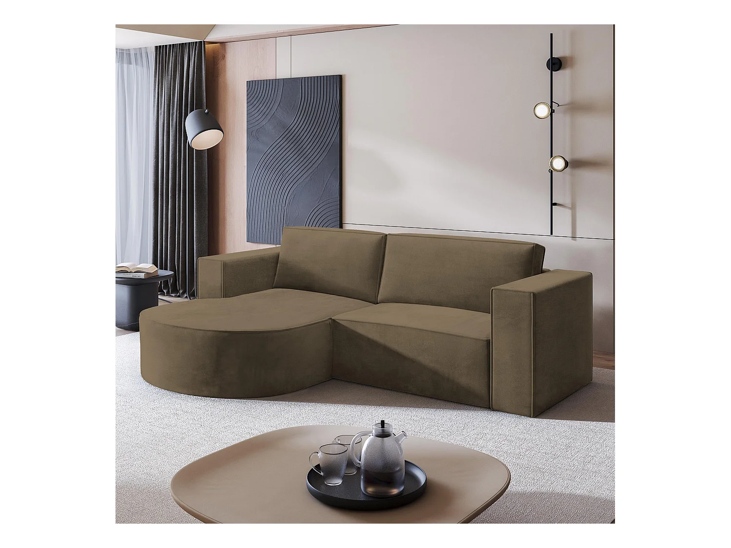 Canapé d'angle SORELA Beige en velours avec fonction de couchage