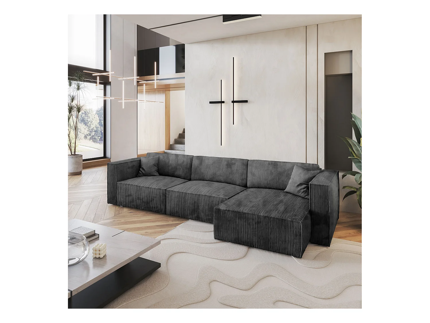 Canapé d'angle TOLMO Gris anthracite en velours côtelé avec fonction de couchage