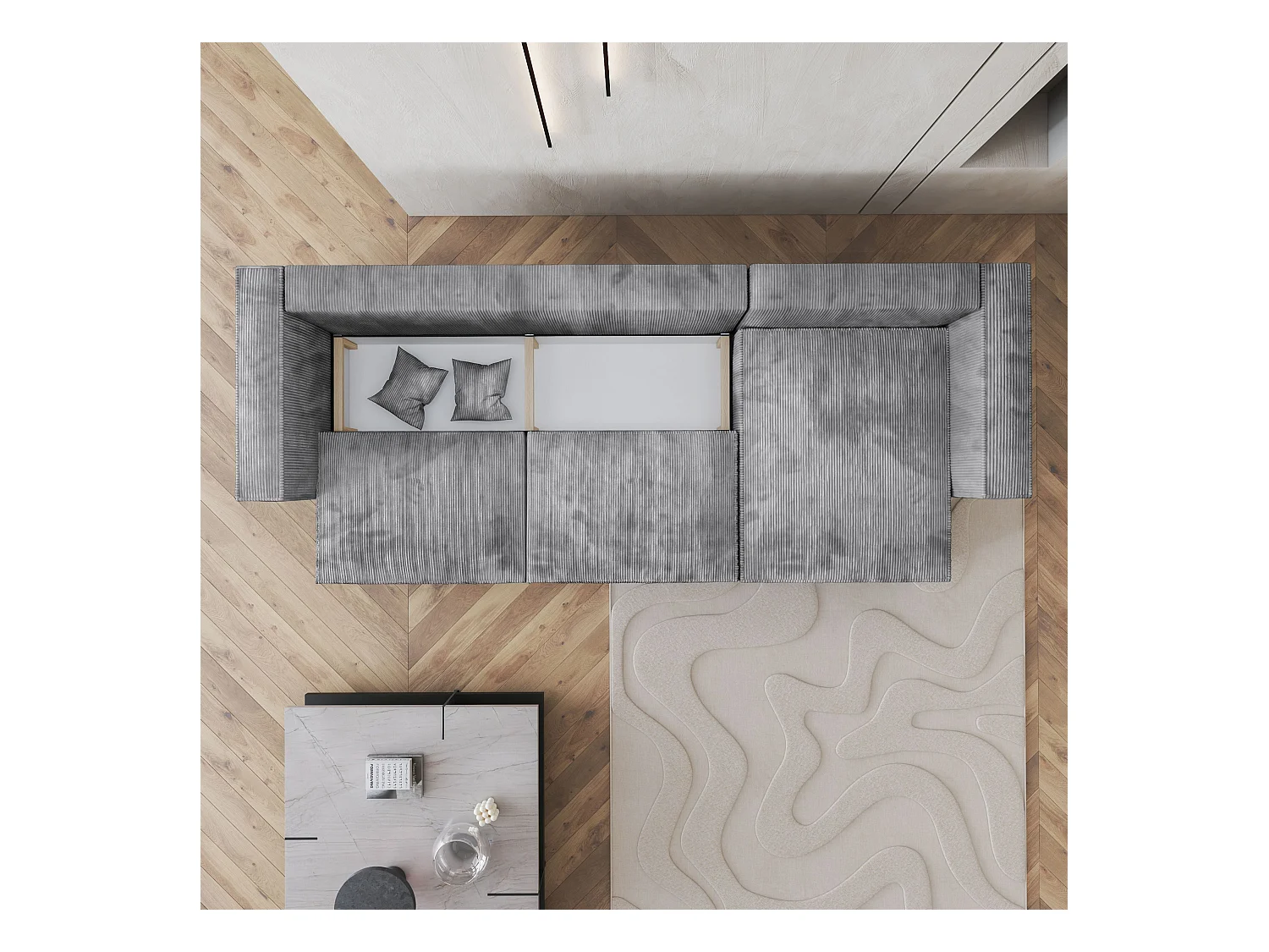 Canapé d'angle TOLMO Gris anthracite en velours côtelé avec fonction de couchage