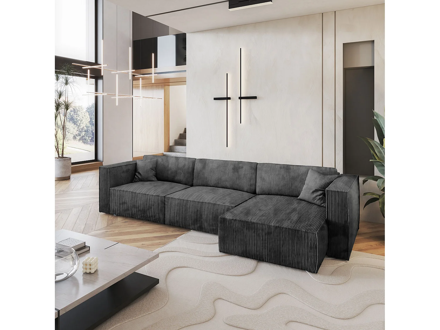 Canapé d'angle TOLMO Gris anthracite en velours côtelé avec fonction de couchage