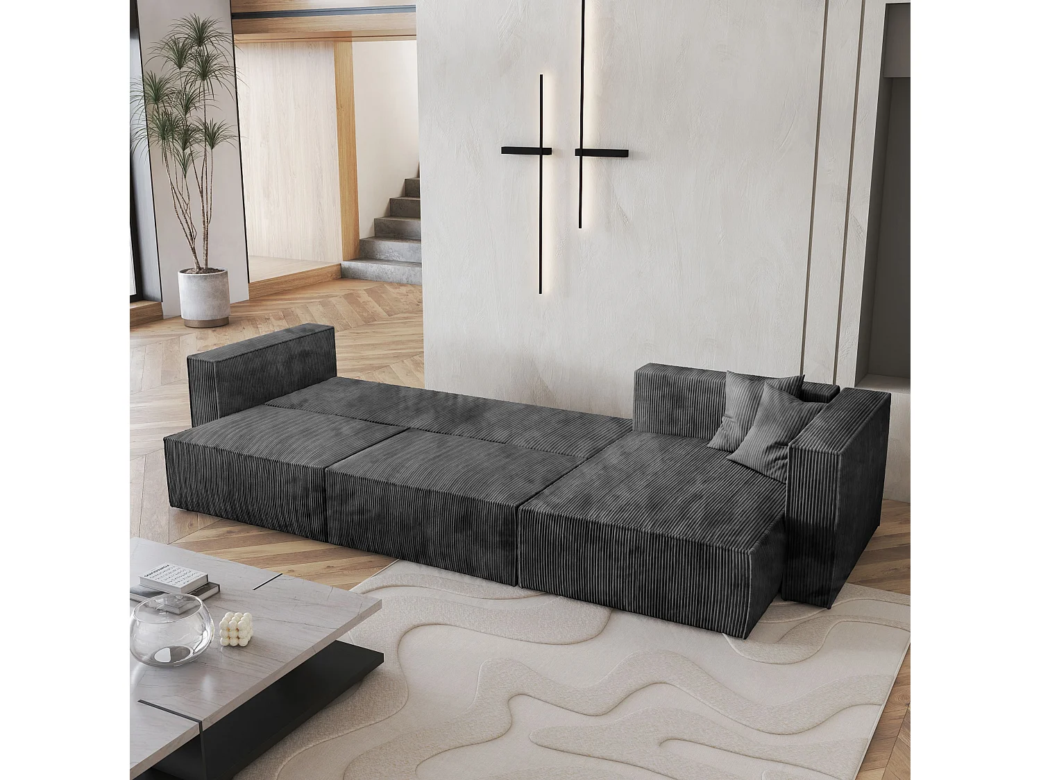 Canapé d'angle TOLMO Gris anthracite en velours côtelé avec fonction de couchage