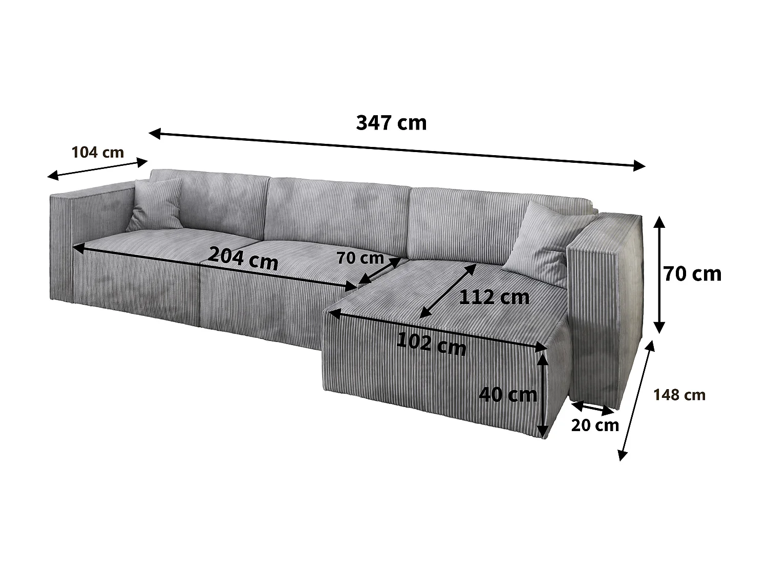 Canapé d'angle TOLMO Gris anthracite en velours côtelé avec fonction de couchage