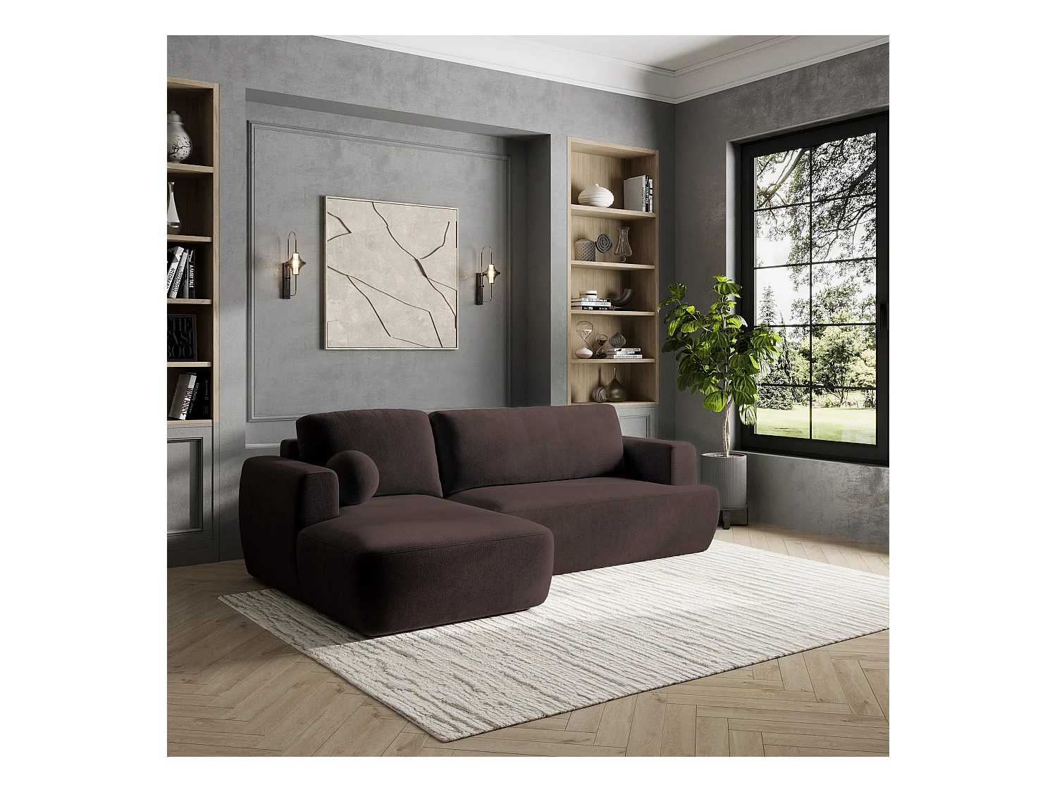 Canapé d'angle SENTI Marron en peluche avec fonction de couchage