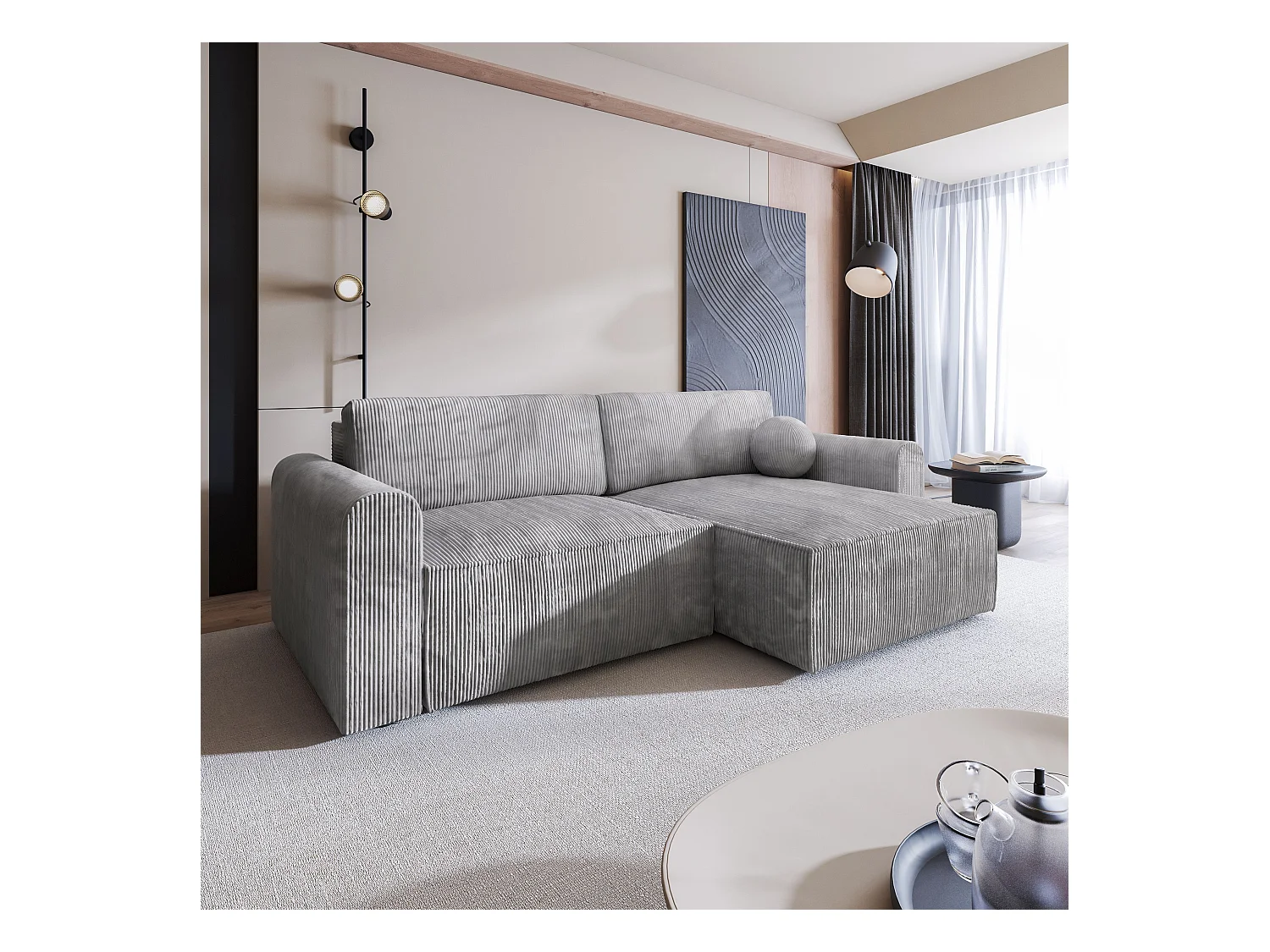 Canapé d'angle FIANO Gris clair en velours côtelé avec fonction de couchage