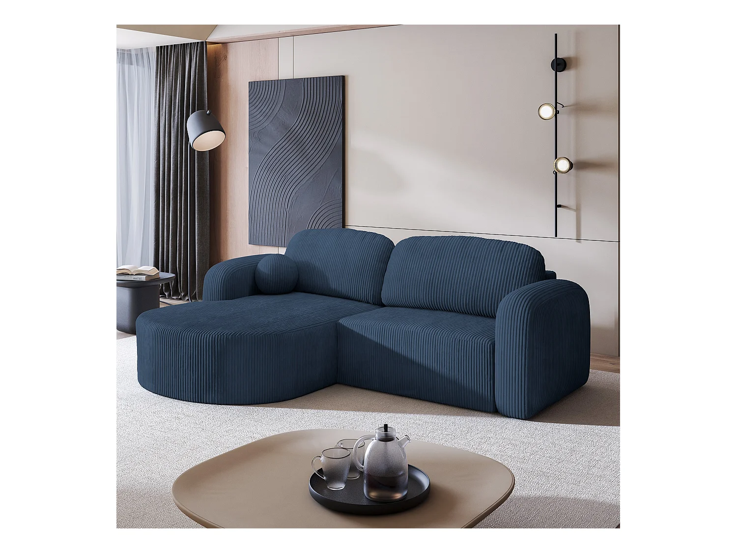 Canapé d'angle AMILIA Bleu en velours côtelé avec fonction de couchage