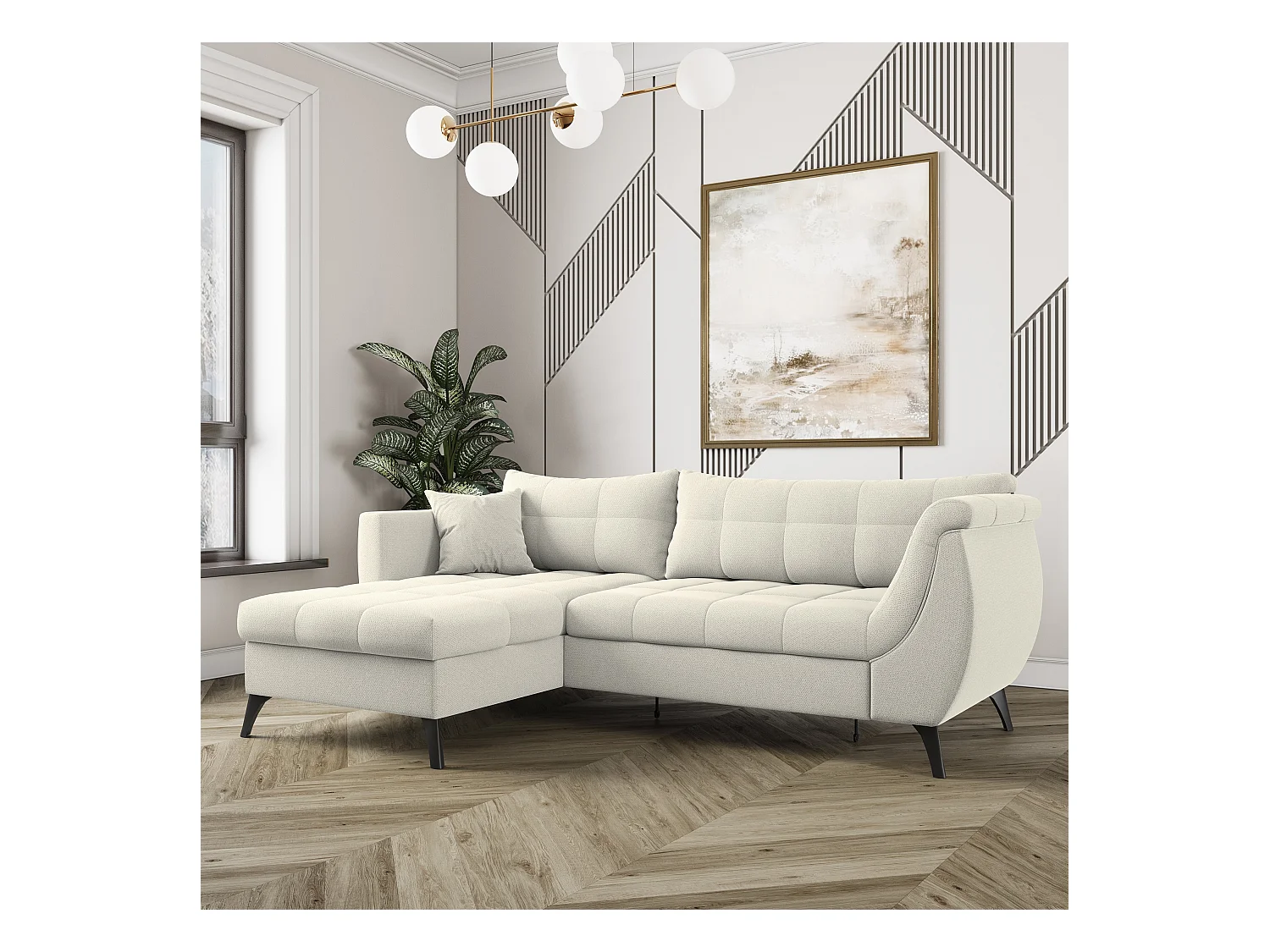 Canapé d'angle MOLLIS Crème en tissu texturé avec fonction de couchage