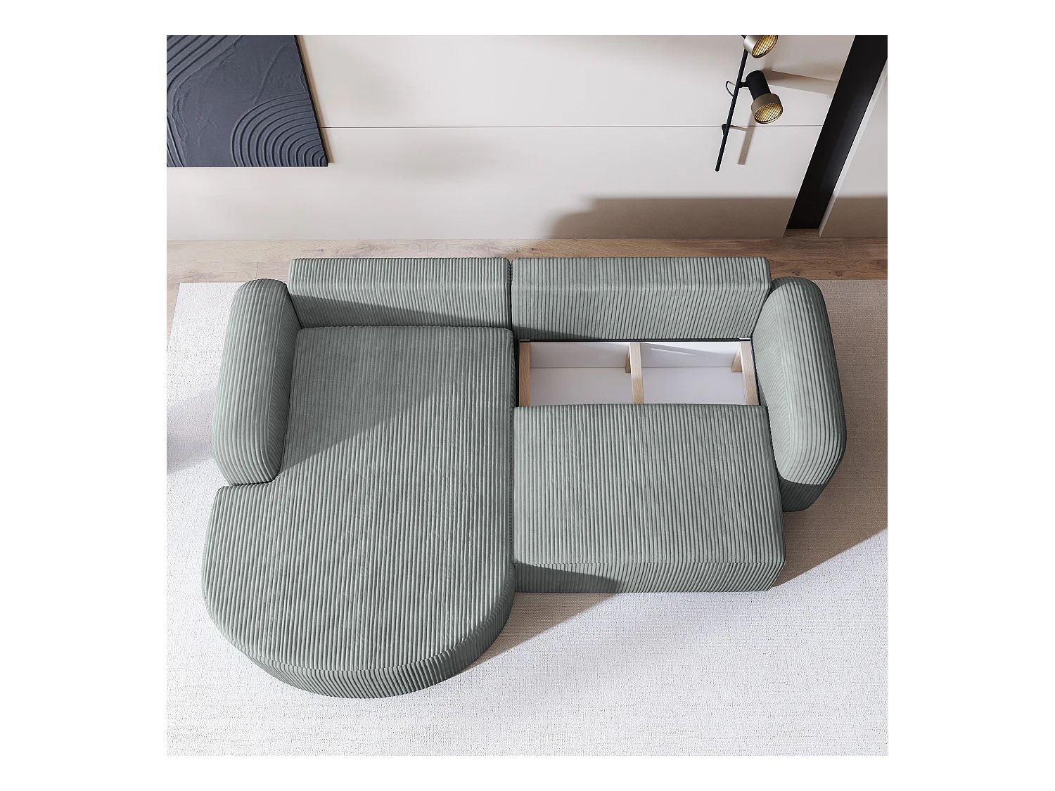 Canapé d'angle AMILIA Crème en velours côtelé avec fonction de couchage