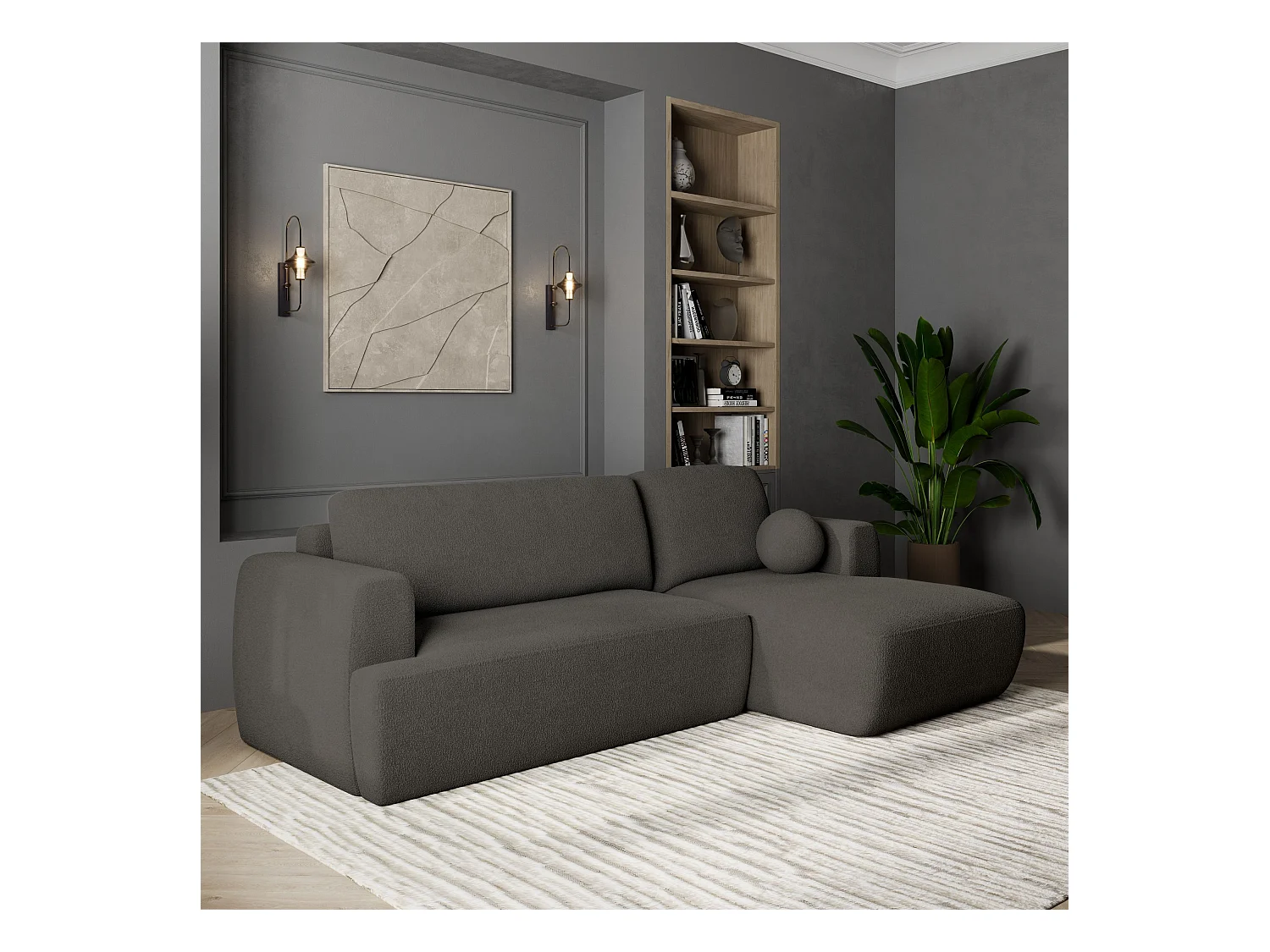 Canapé d'angle SENTI Gris en bouclé avec fonction de couchage