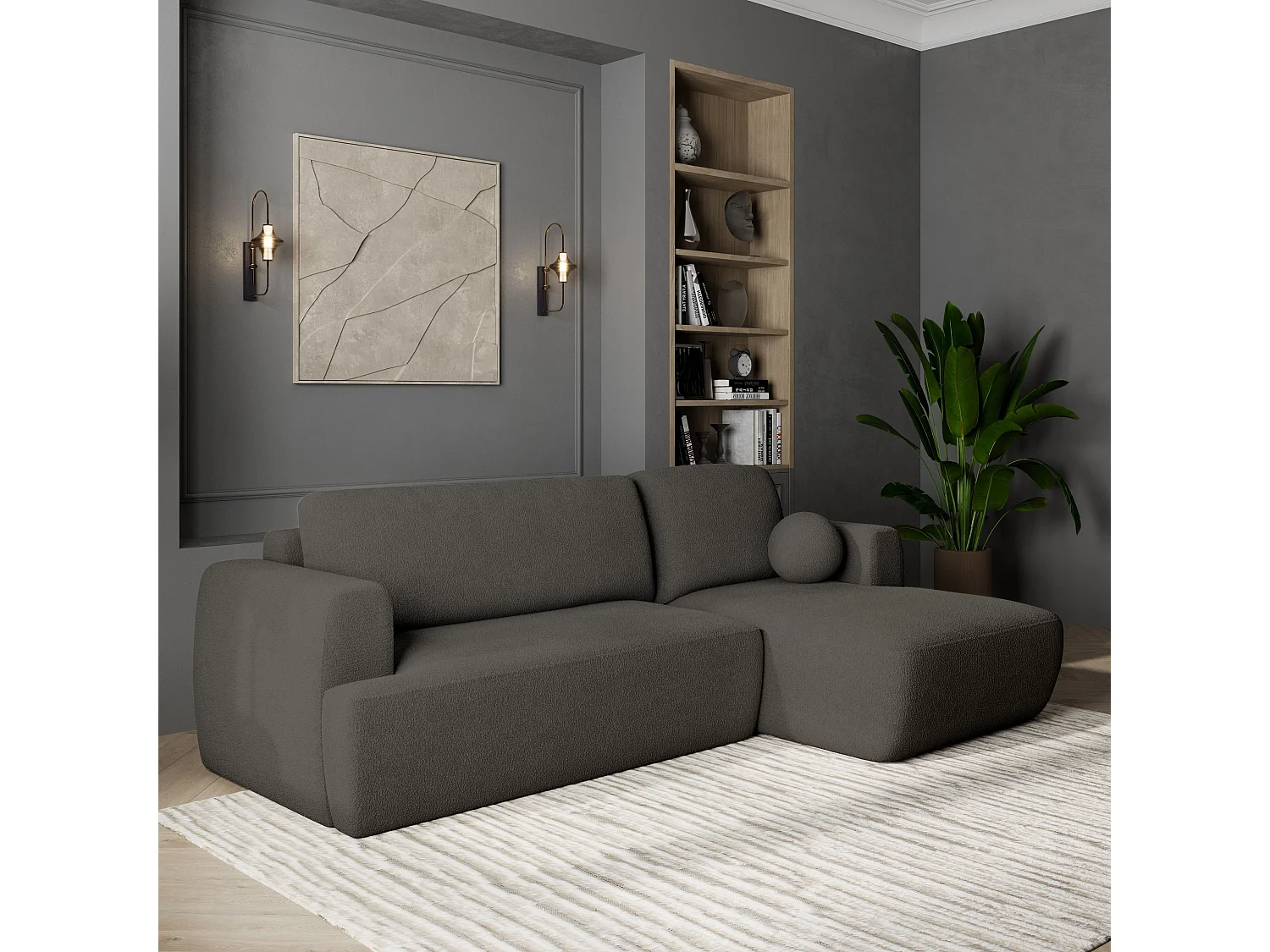 Canapé d'angle SENTI Gris en bouclé avec fonction de couchage