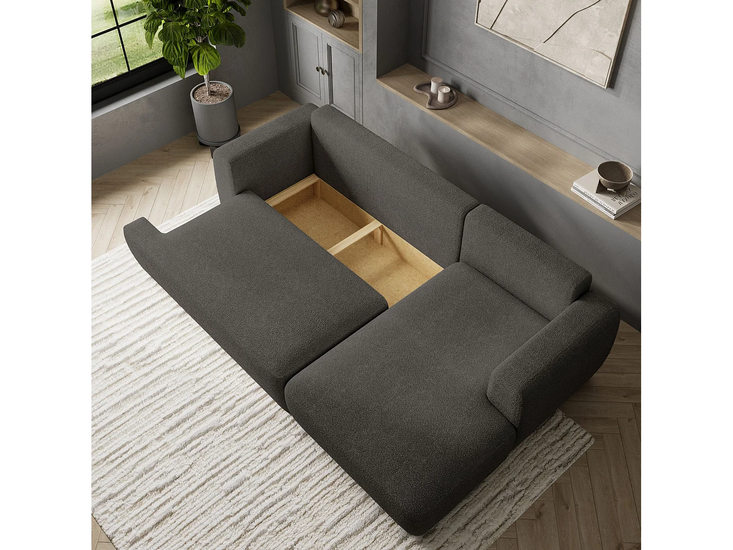 Canapé d'angle SENTI Gris en bouclé avec fonction de couchage