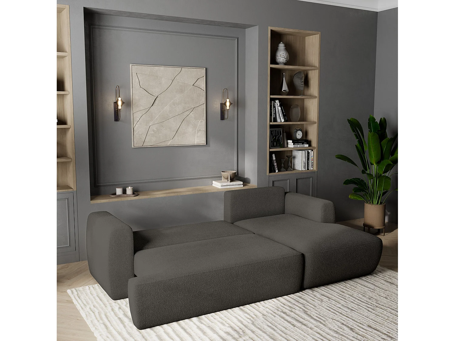 Canapé d'angle SENTI Gris en bouclé avec fonction de couchage