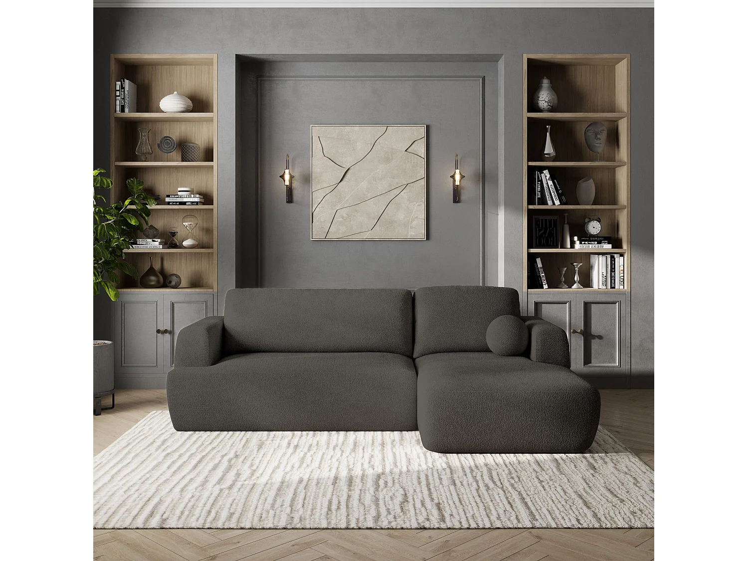 Canapé d'angle SENTI Gris en bouclé avec fonction de couchage