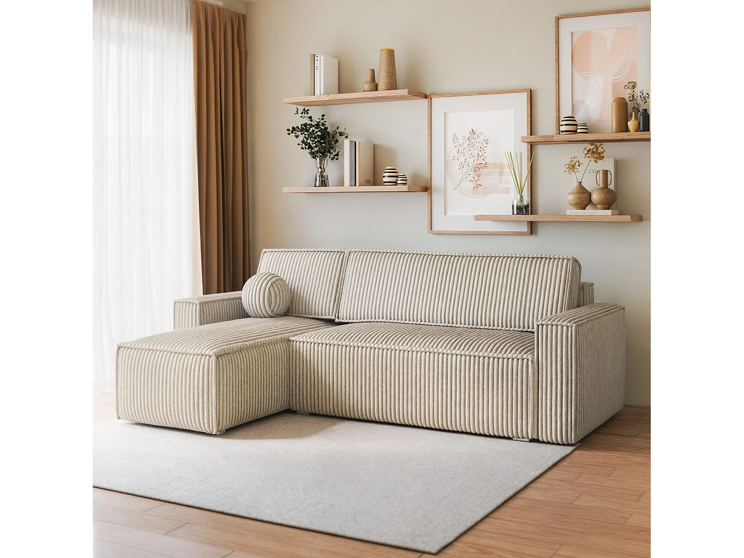 Canapé d'angle RAVELO Crème en velours côtelé avec fonction de couchage