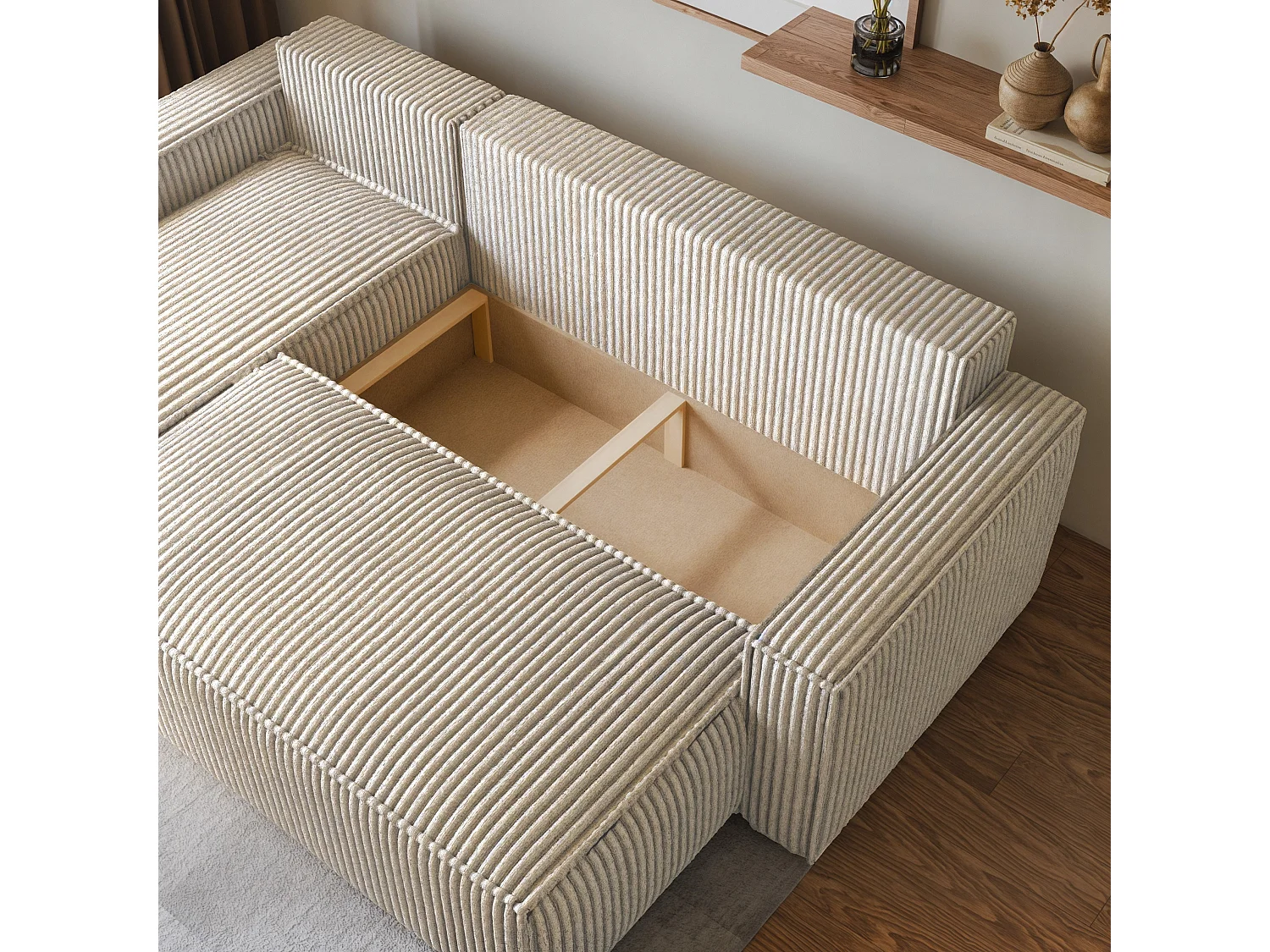 Canapé d'angle RAVELO Crème en velours côtelé avec fonction de couchage