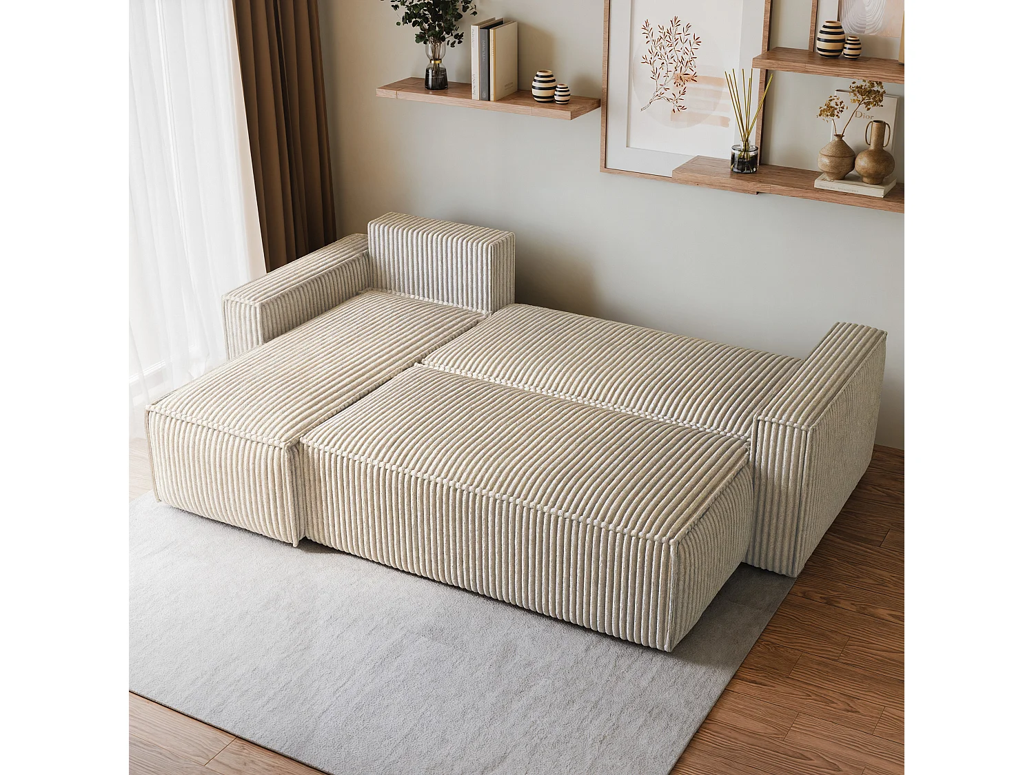 Canapé d'angle RAVELO Crème en velours côtelé avec fonction de couchage