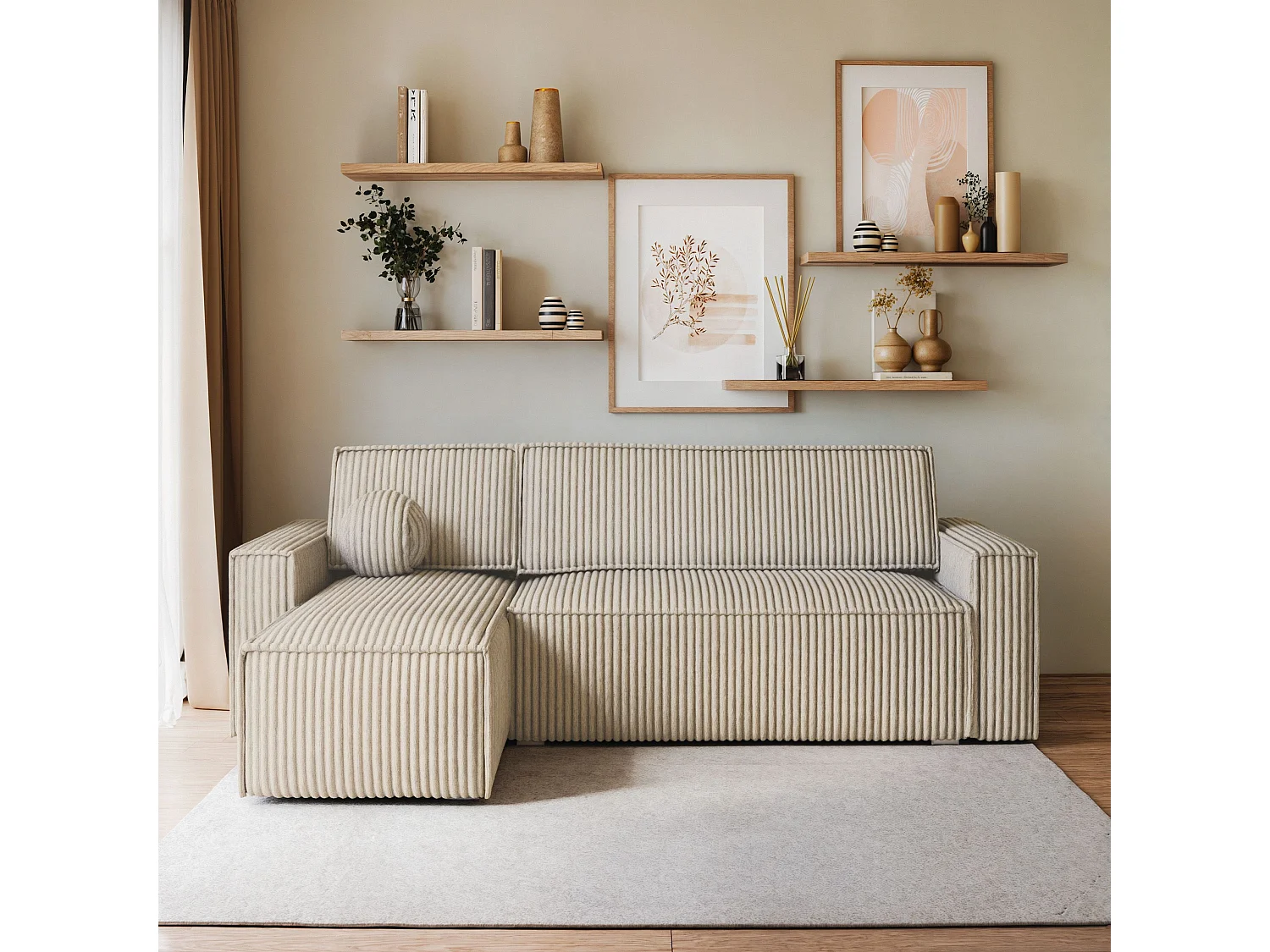 Canapé d'angle RAVELO Crème en velours côtelé avec fonction de couchage