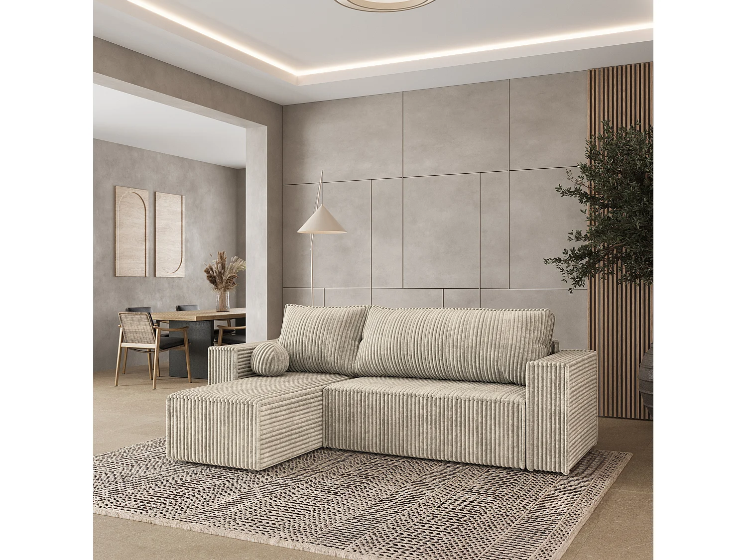 Hoekbank RAVELO van fluweel met slaapfunctie Creme